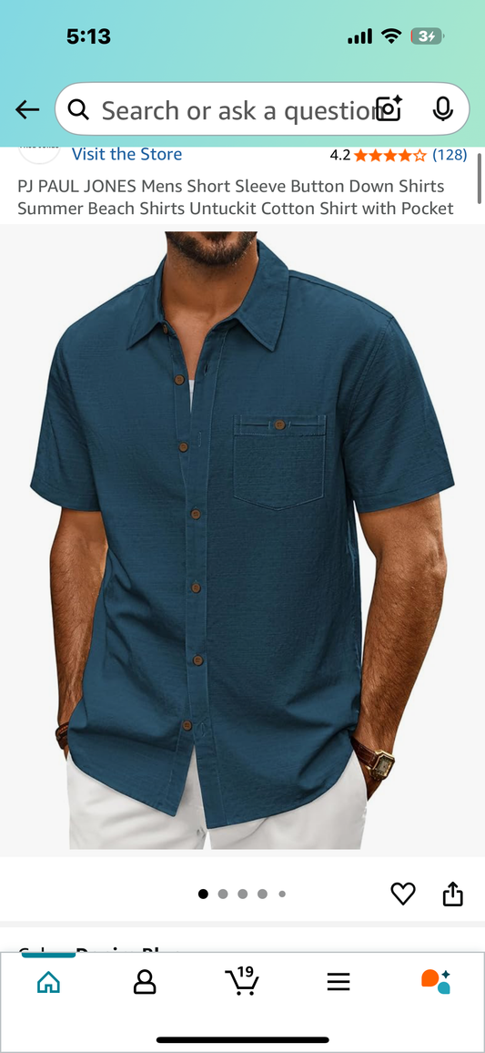 PJ PAUL JONES Men’s Short Sleeve Button Down Shirt, Summer Beach Untuckit Cotton Shirt with Pocket, Navy (Size Small)