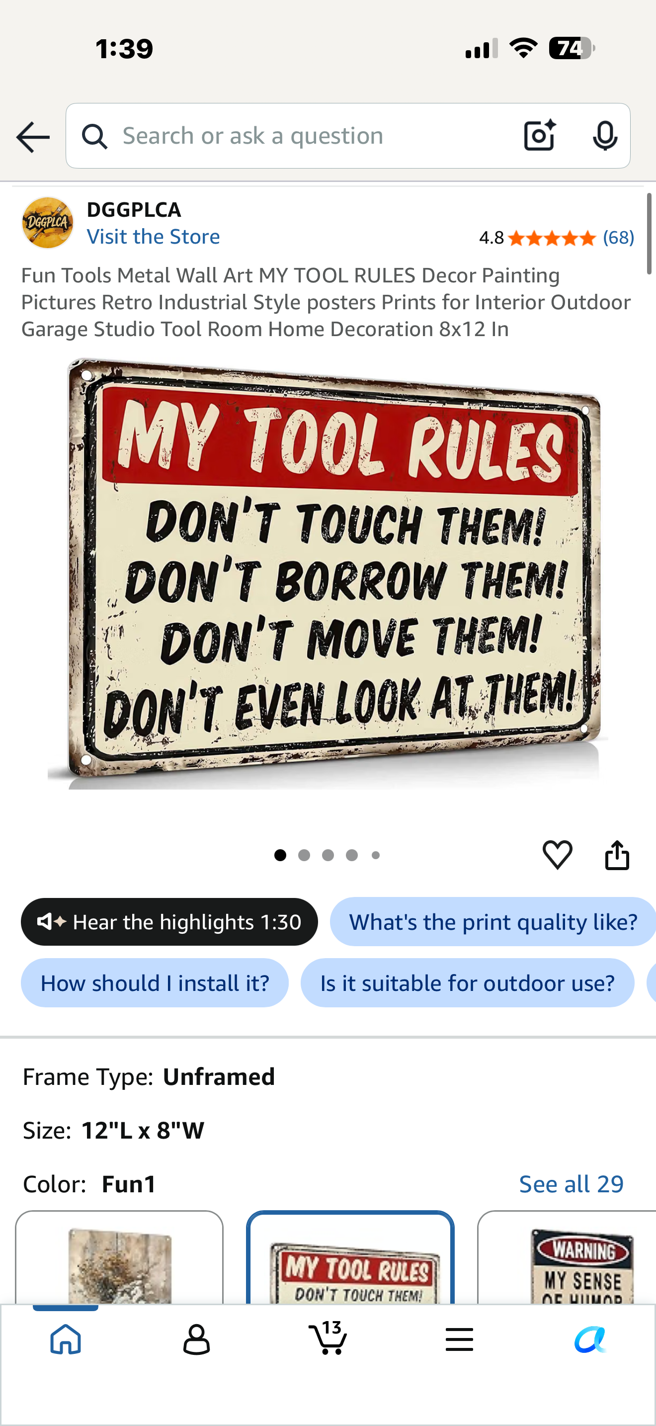 Fun Tools Metal Wall Art MY TOOL RULES Decor Painting Pictures Retro Industrial Style posters Prints for Interior Outdoor Garage Studio Tool Room Home Decoration 8x12”