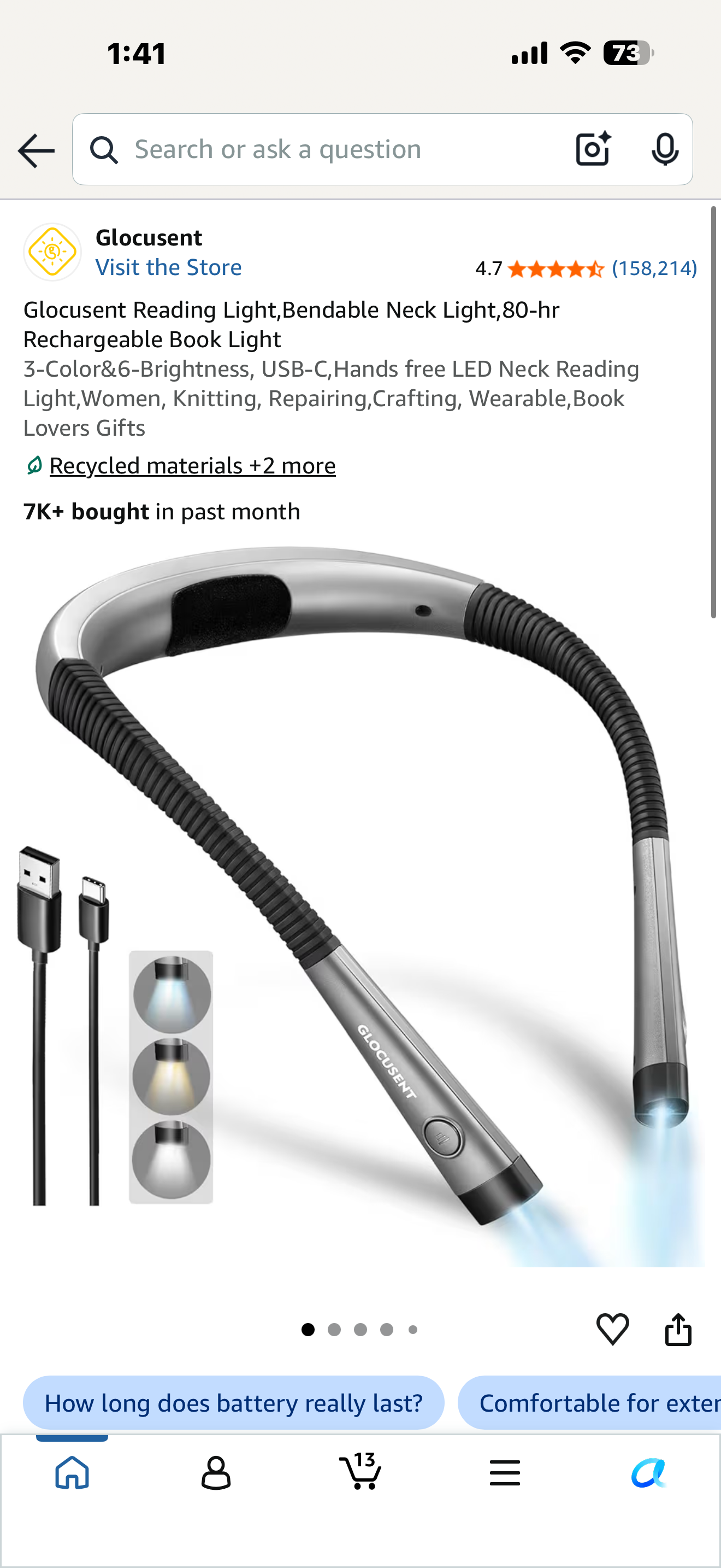 Glocusent Reading Light,Bendable Neck Light,80-hr Rechargeable Book Light 3-Color&6-Brightness, USB-C,Hands free LED Neck Reading Light,Women, Knitting, Repairing,Crafting, Wearable,Book Lovers Gifts