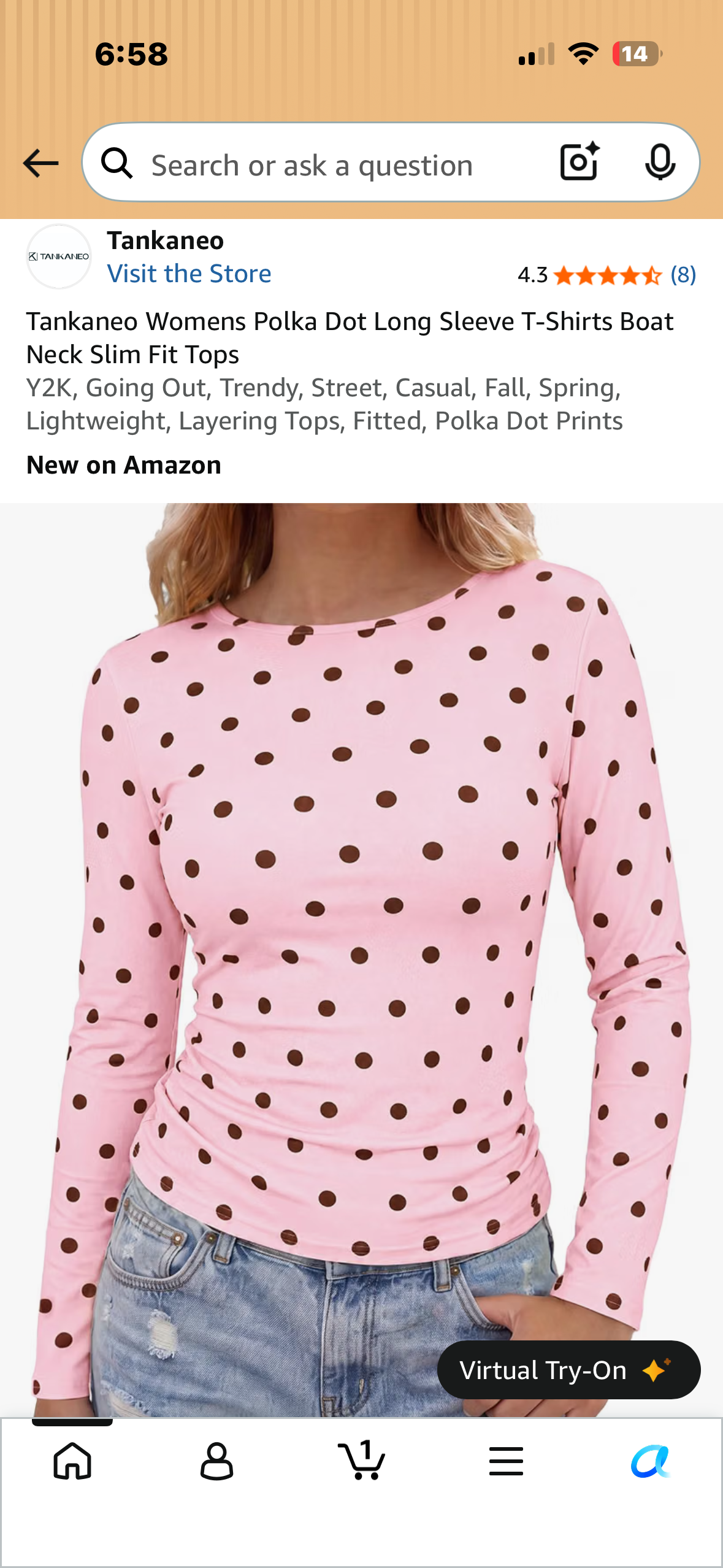 Tankaneo Women’s Polka Dot Long Sleeve T-Shirt, Boat Neck, Slim Fit Top, Trendy, Street, Casual, Lightweight, Layering Tops, Fitted, Polka Dot Prints (Size Medium)