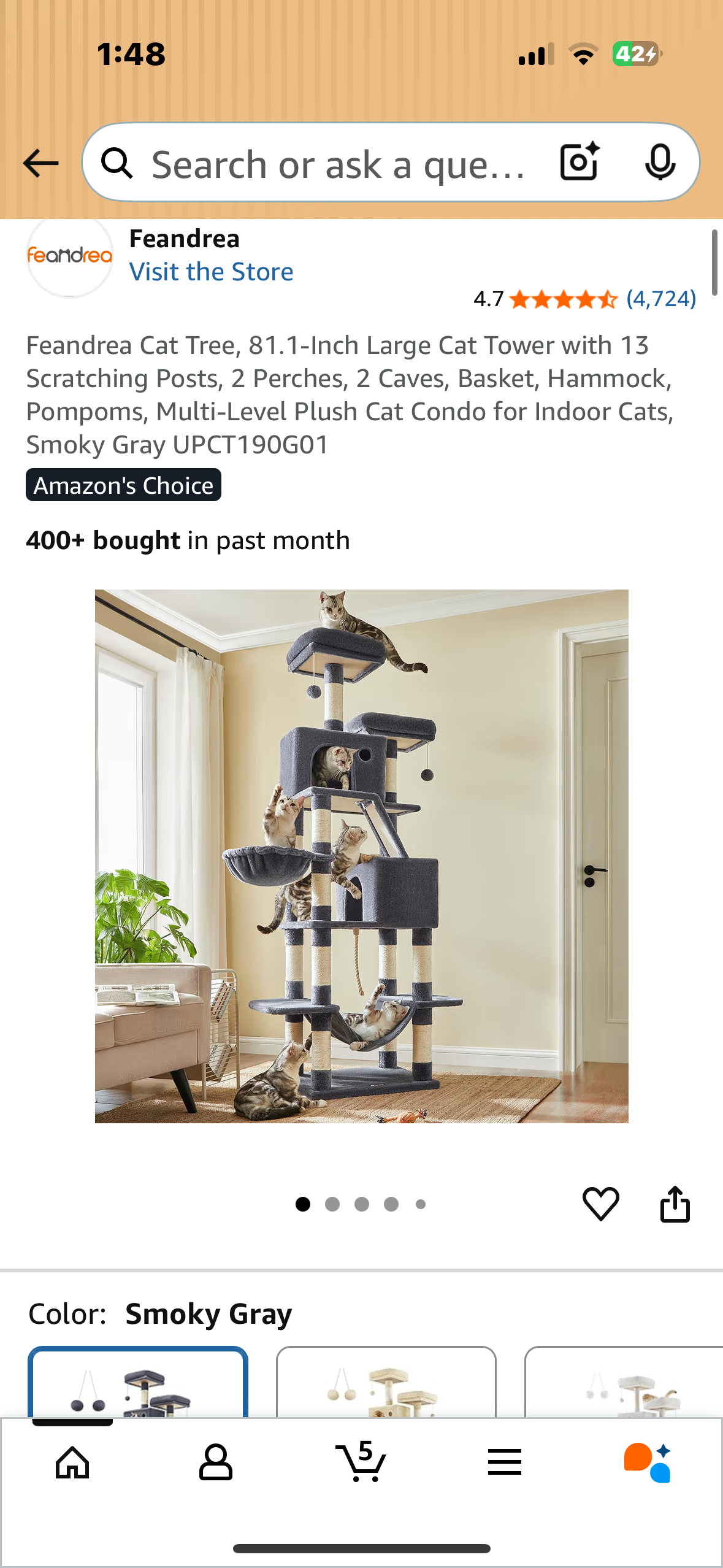 Feandrea Cat Tree, 81.1-Inch Large Cat Tower with 13 Scratching Posts, 2 Perches, 2 Caves, Basket, Hammock, Pompoms, Multi-Level Plush Cat Condo for Indoor Cats, Smoky Gray (R717)