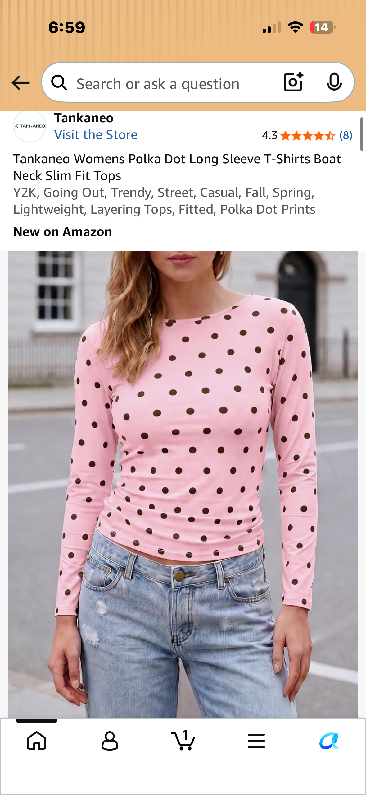 Tankaneo Women’s Polka Dot Long Sleeve T-Shirt, Boat Neck, Slim Fit Top, Trendy, Street, Casual, Lightweight, Layering Tops, Fitted, Polka Dot Prints (Size Medium)