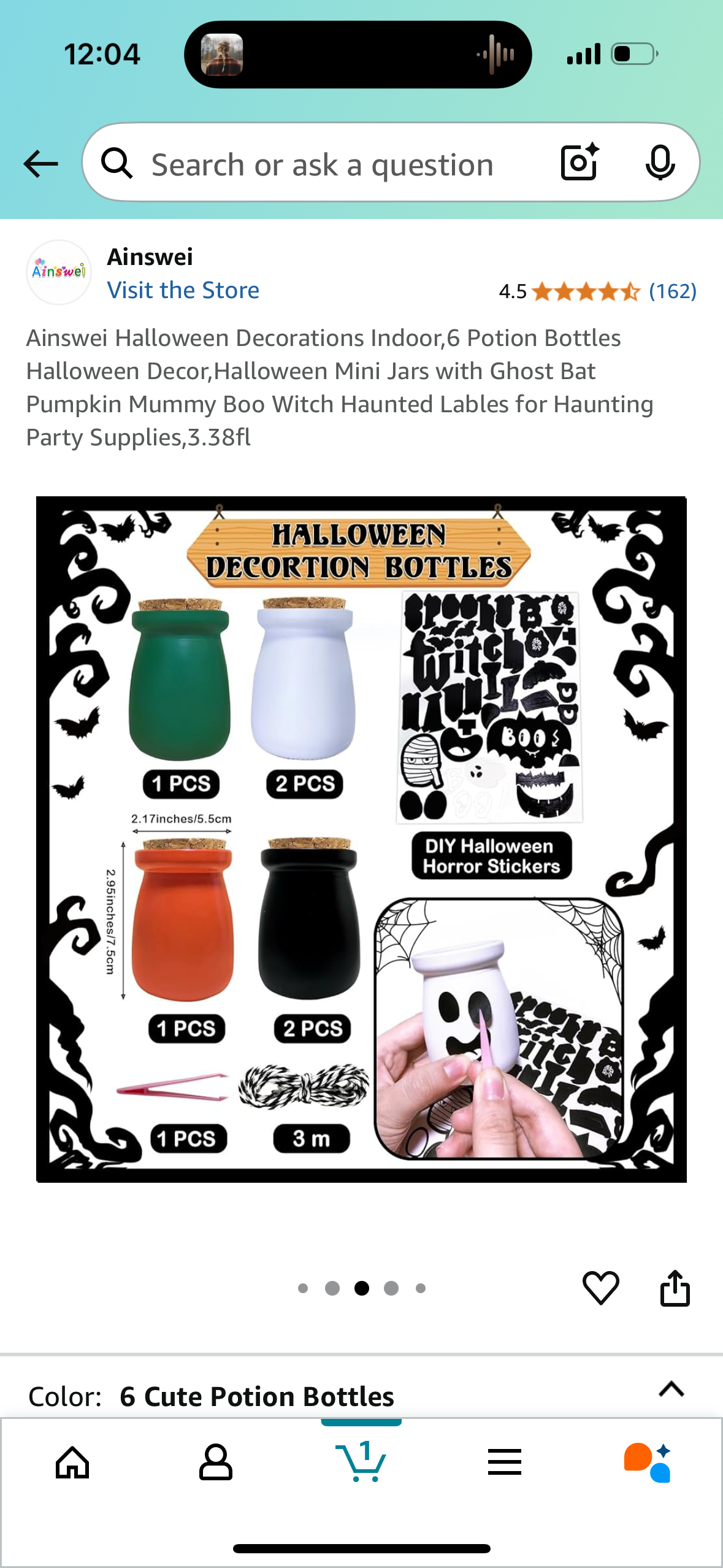 Ainswei Halloween Decorations Indoor,6 Potion Bottles Halloween Decor,Halloween Mini Jars with Ghost Bat Pumpkin Mummy Boo Witch Haunted Lables for Haunting Party Supplies,3.38fl