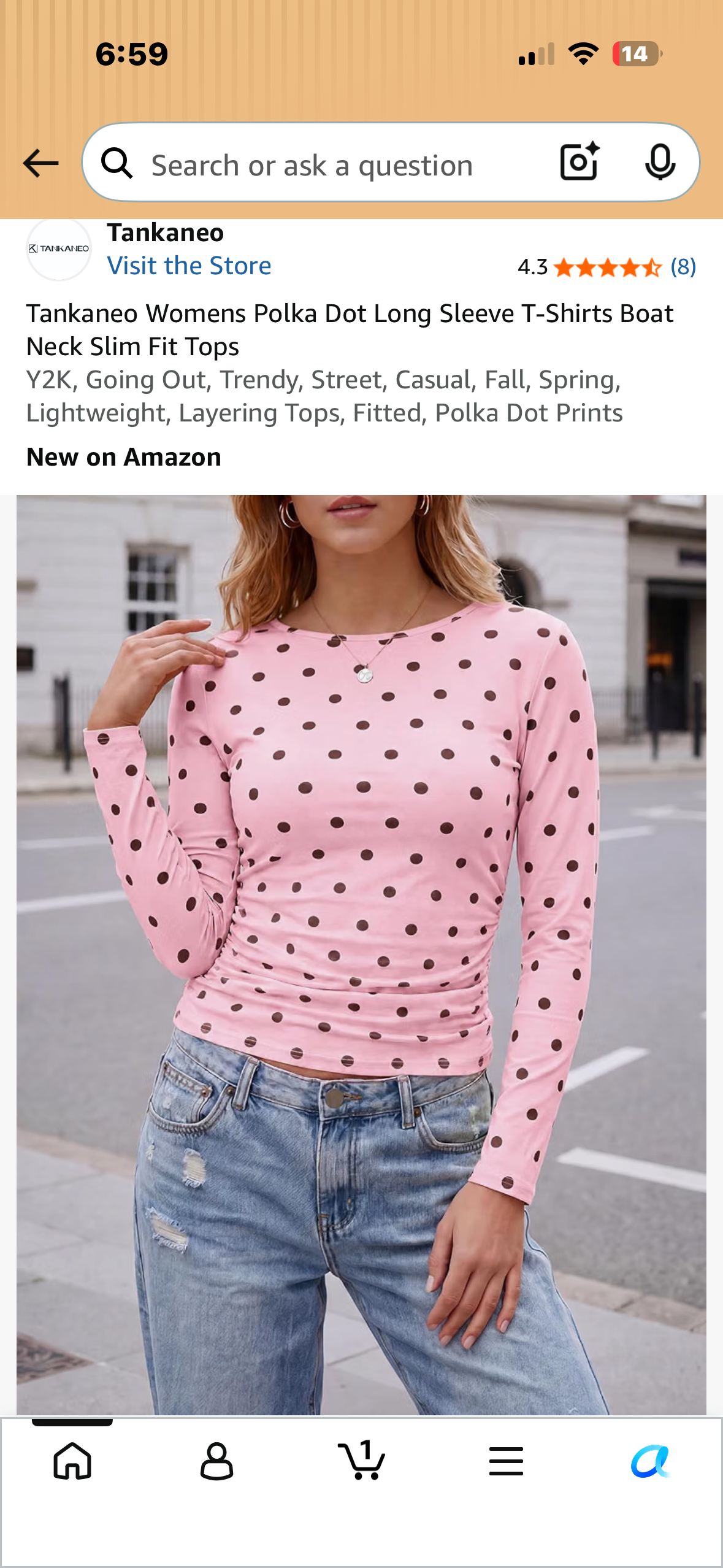 Tankaneo Women’s Polka Dot Long Sleeve T-Shirt, Boat Neck, Slim Fit Top, Trendy, Street, Casual, Lightweight, Layering Tops, Fitted, Polka Dot Prints (Size Medium)