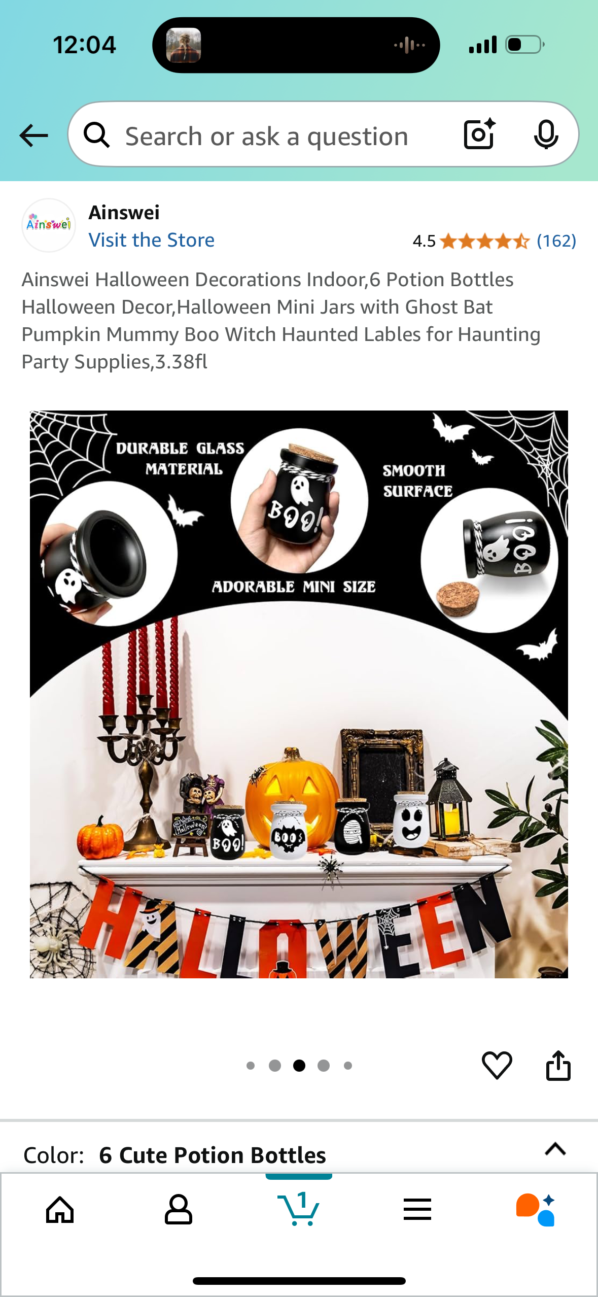 Ainswei Halloween Decorations Indoor,6 Potion Bottles Halloween Decor,Halloween Mini Jars with Ghost Bat Pumpkin Mummy Boo Witch Haunted Lables for Haunting Party Supplies,3.38fl