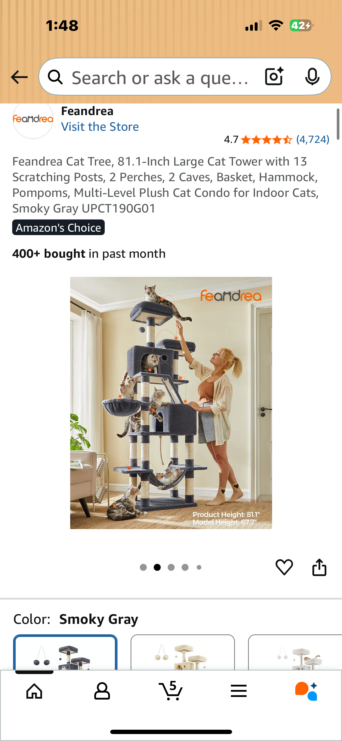 Feandrea Cat Tree, 81.1-Inch Large Cat Tower with 13 Scratching Posts, 2 Perches, 2 Caves, Basket, Hammock, Pompoms, Multi-Level Plush Cat Condo for Indoor Cats, Smoky Gray (R717)