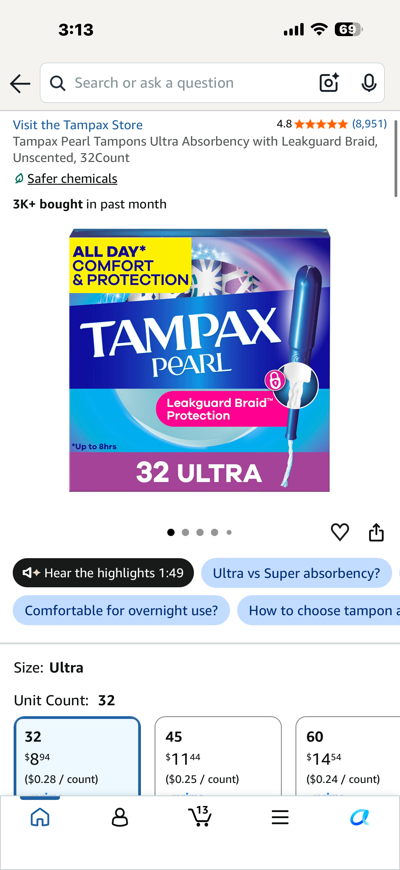 Tampax Pearl Tampons Ultra Absorbency with Leakguard Braid, Unscented, 32Count