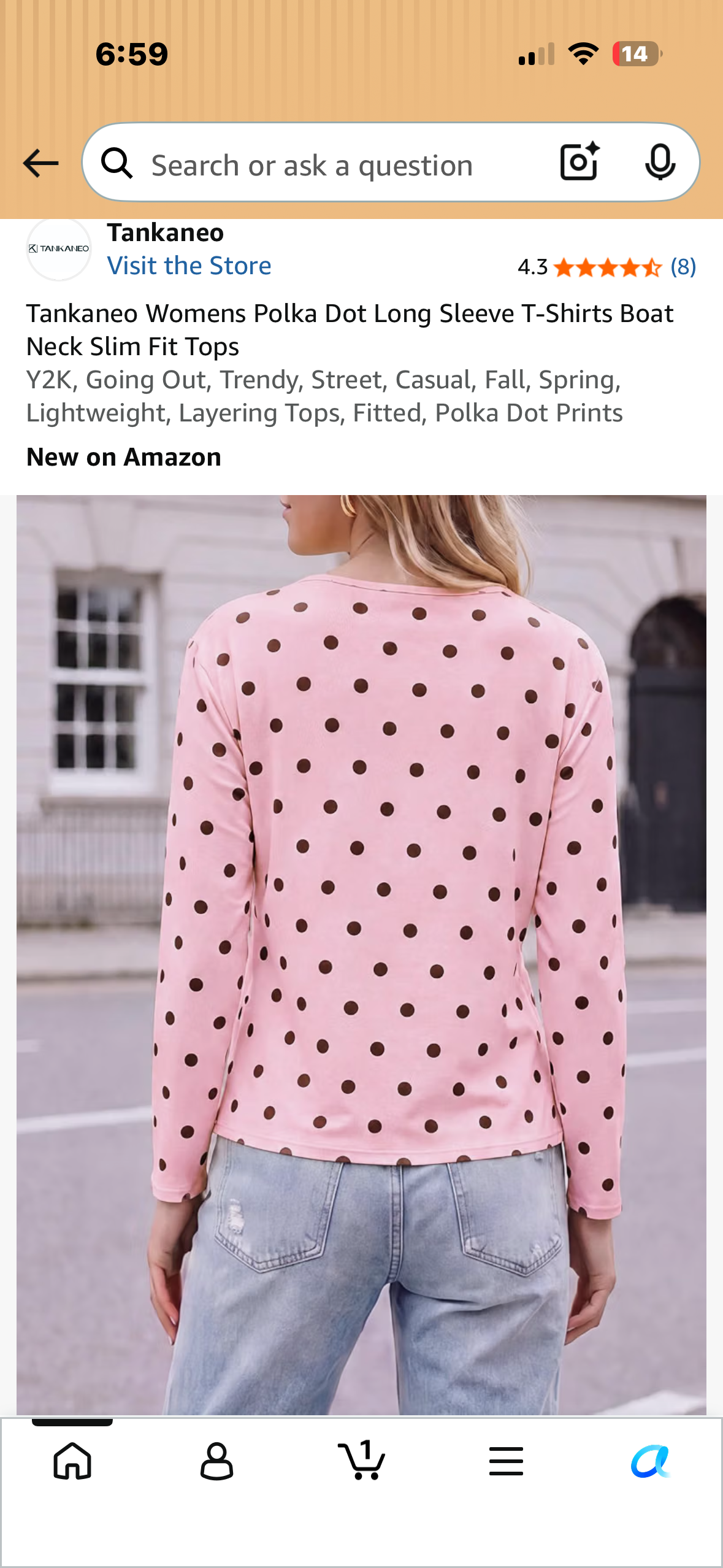 Tankaneo Women’s Polka Dot Long Sleeve T-Shirt, Boat Neck, Slim Fit Top, Trendy, Street, Casual, Lightweight, Layering Tops, Fitted, Polka Dot Prints (Size Medium)