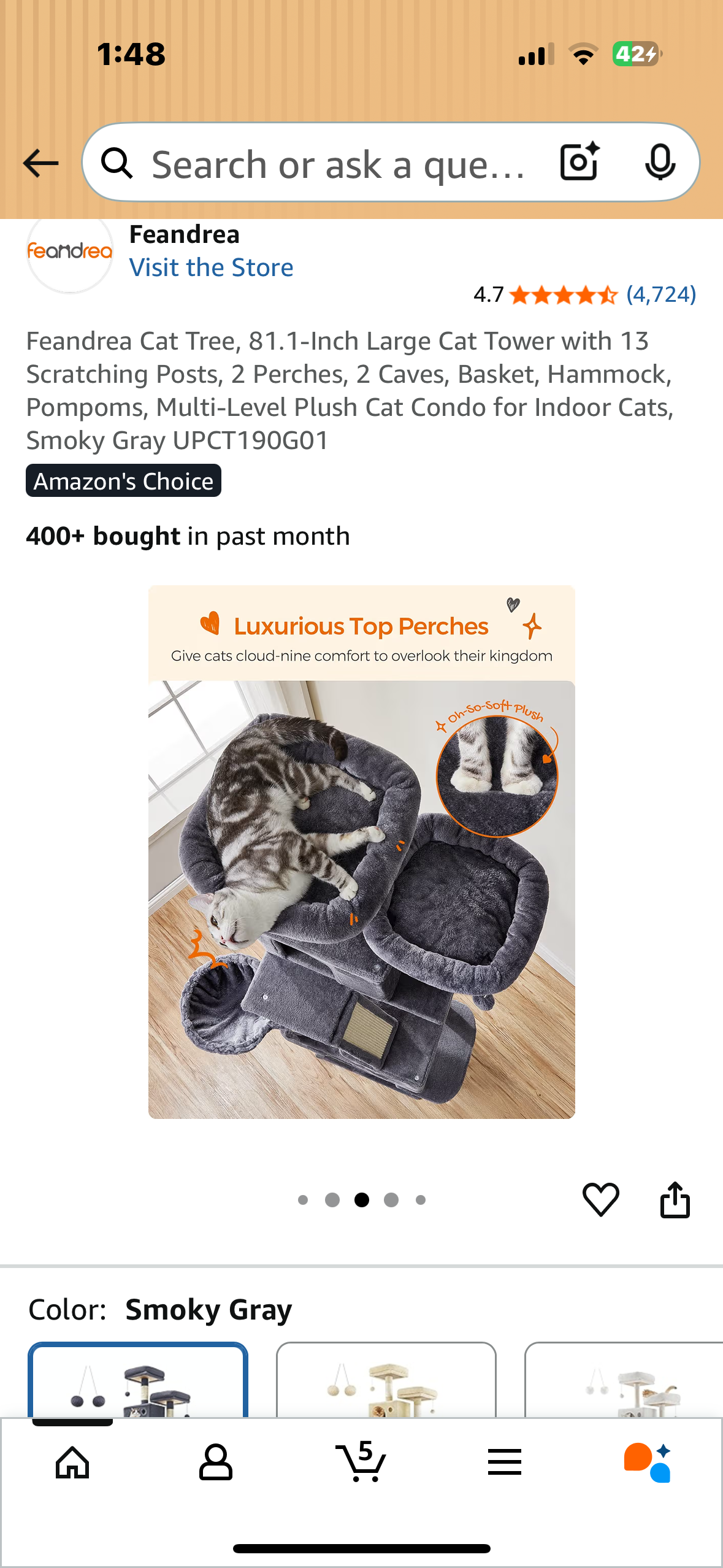 Feandrea Cat Tree, 81.1-Inch Large Cat Tower with 13 Scratching Posts, 2 Perches, 2 Caves, Basket, Hammock, Pompoms, Multi-Level Plush Cat Condo for Indoor Cats, Smoky Gray (R717)