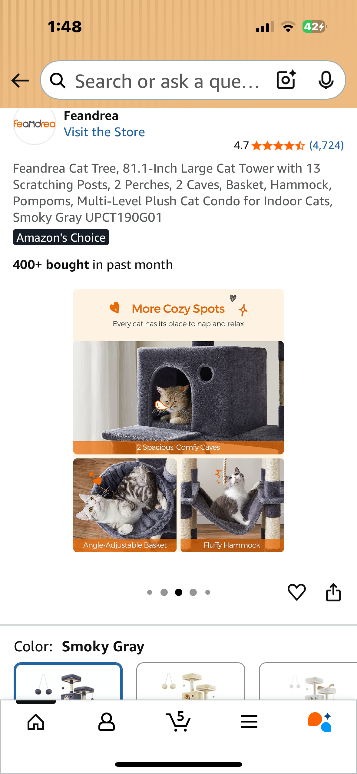 Feandrea Cat Tree, 81.1-Inch Large Cat Tower with 13 Scratching Posts, 2 Perches, 2 Caves, Basket, Hammock, Pompoms, Multi-Level Plush Cat Condo for Indoor Cats, Smoky Gray (R717)