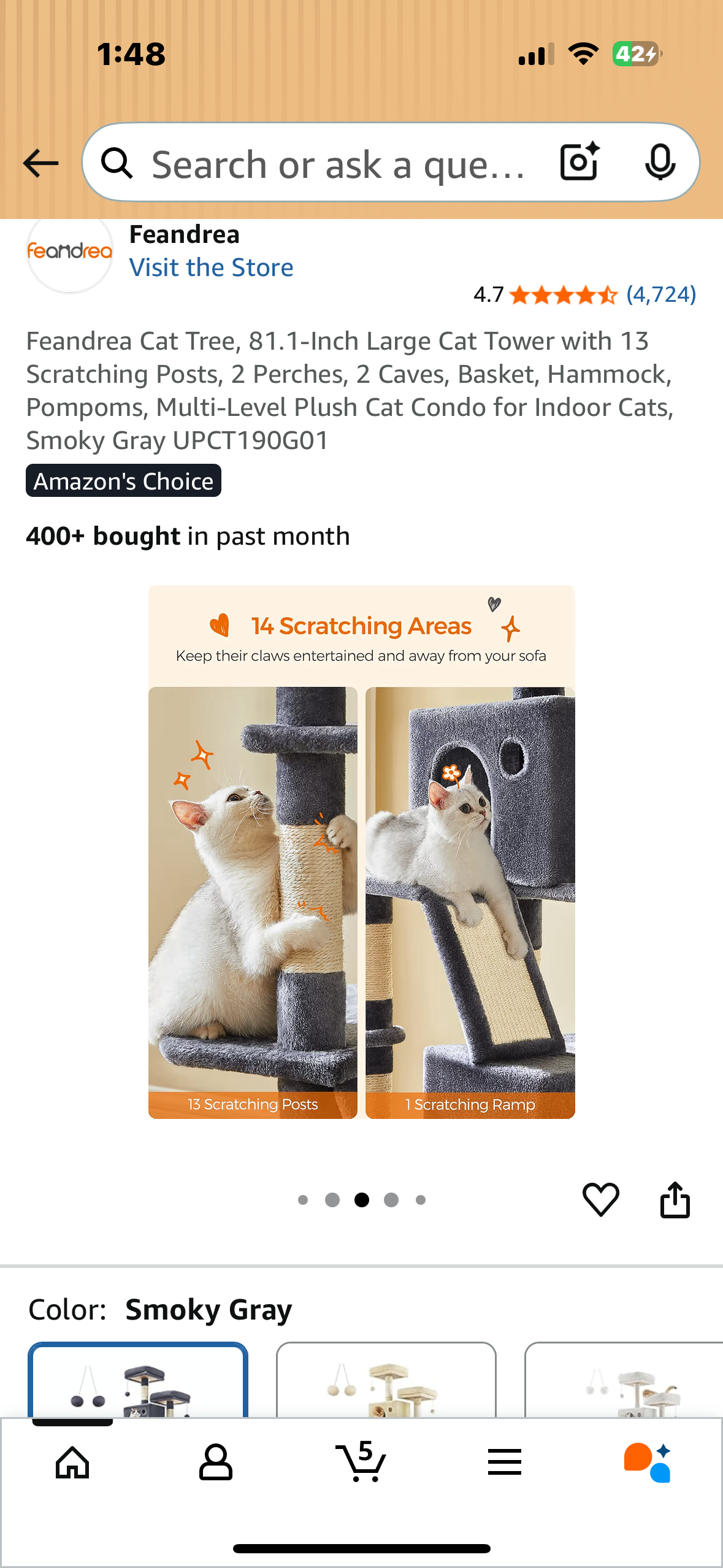 Feandrea Cat Tree, 81.1-Inch Large Cat Tower with 13 Scratching Posts, 2 Perches, 2 Caves, Basket, Hammock, Pompoms, Multi-Level Plush Cat Condo for Indoor Cats, Smoky Gray (R717)