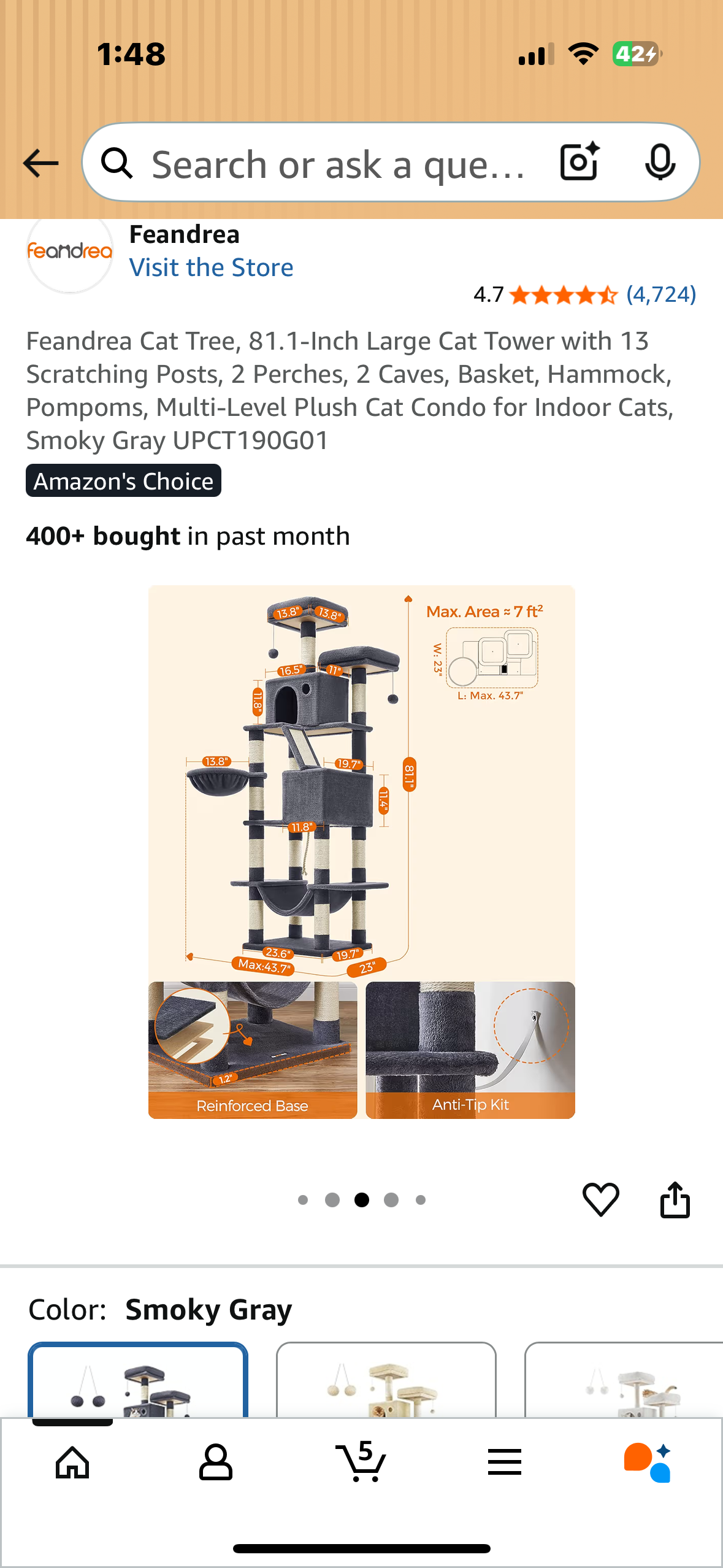 Feandrea Cat Tree, 81.1-Inch Large Cat Tower with 13 Scratching Posts, 2 Perches, 2 Caves, Basket, Hammock, Pompoms, Multi-Level Plush Cat Condo for Indoor Cats, Smoky Gray (R717)