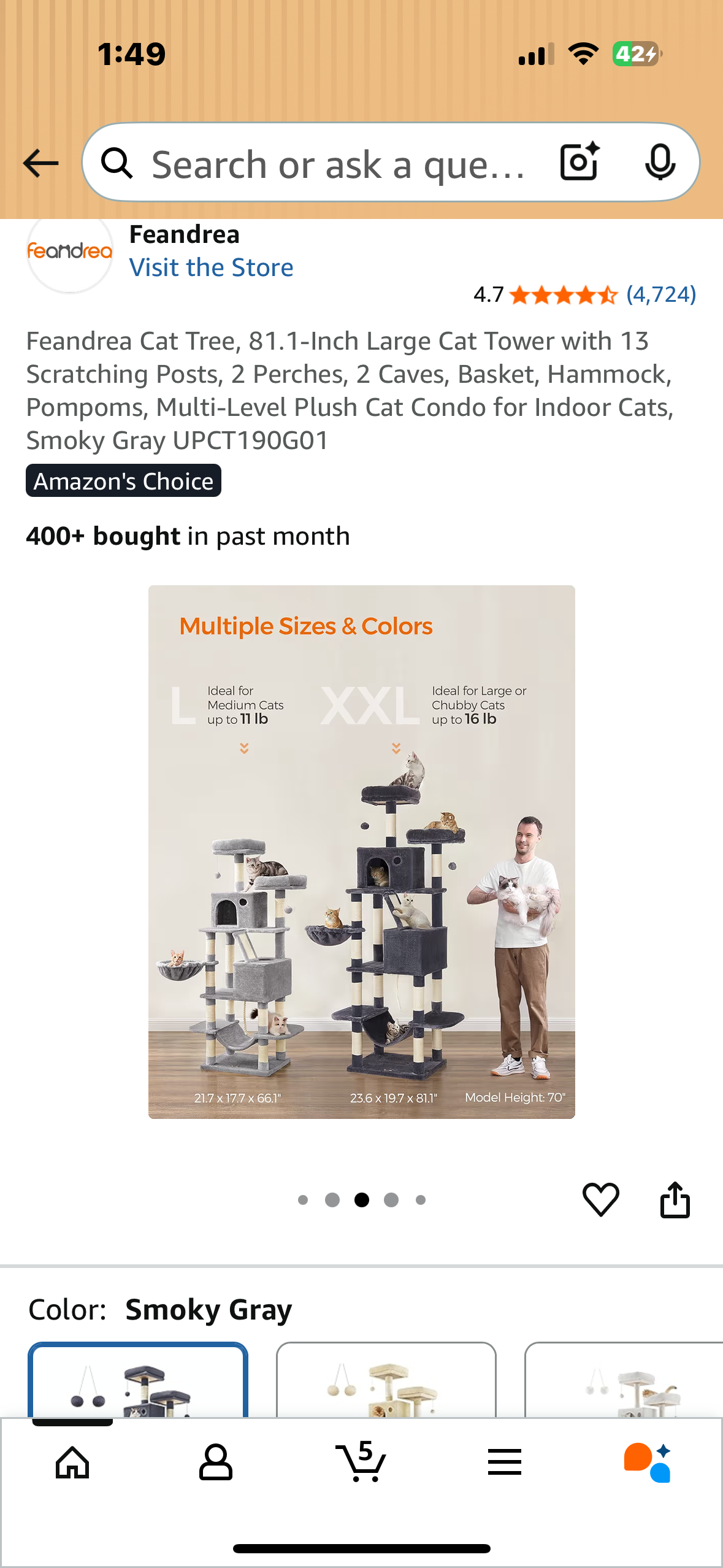 Feandrea Cat Tree, 81.1-Inch Large Cat Tower with 13 Scratching Posts, 2 Perches, 2 Caves, Basket, Hammock, Pompoms, Multi-Level Plush Cat Condo for Indoor Cats, Smoky Gray (R717)