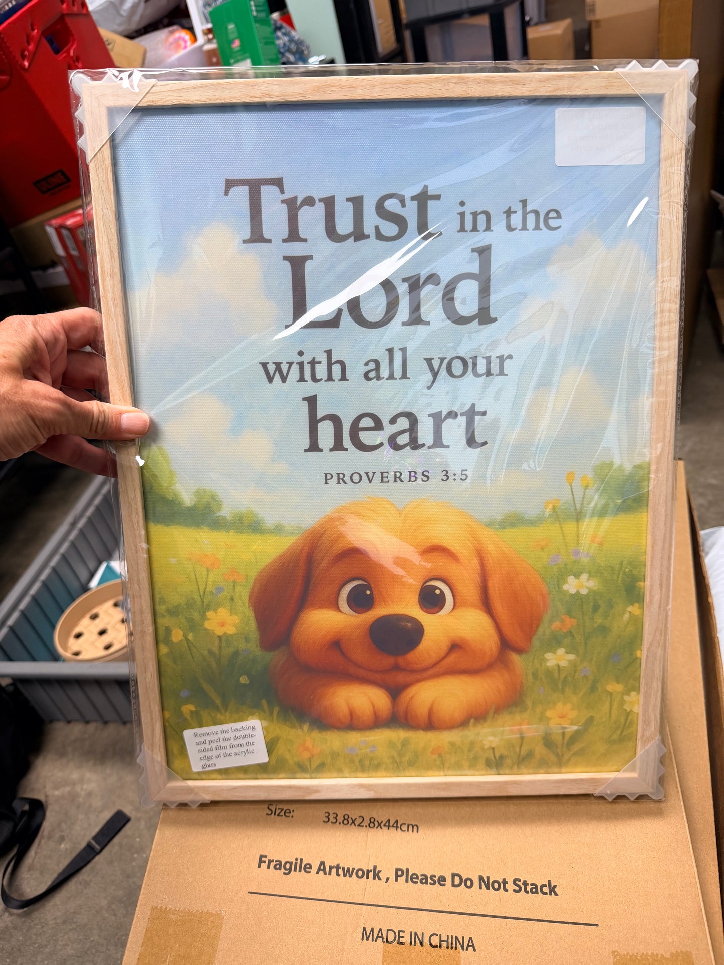 KensTro 12x16 Oak Framed Proverbs 3:5 Puppy Christian Wall Art