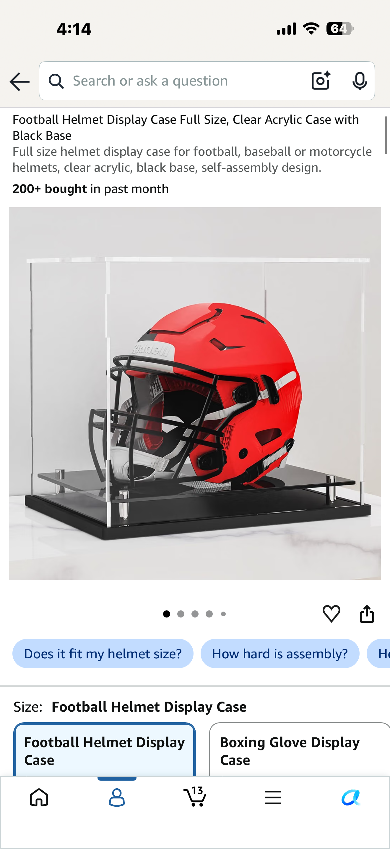 Football Helmet Display Case Full Size, Clear Acrylic Case with Black Base