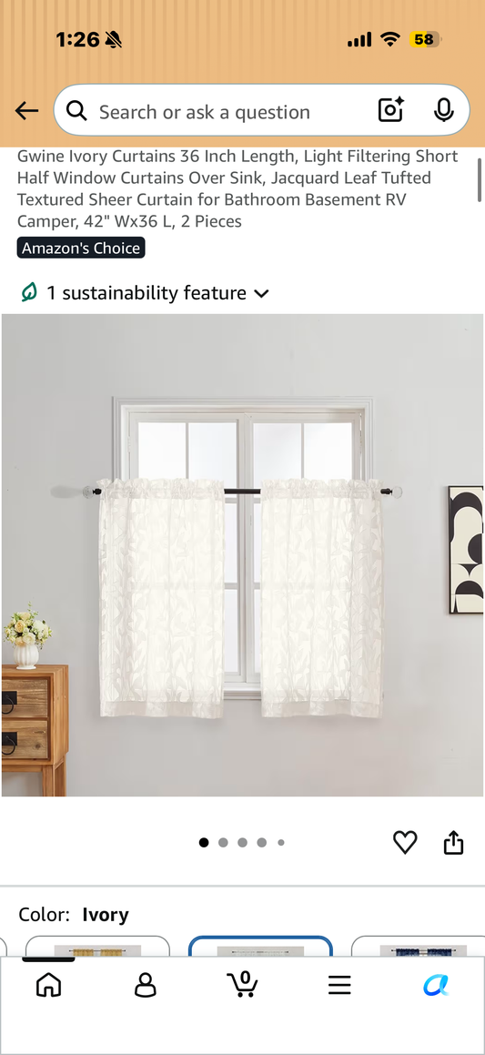 Gwine Ivory Curtains 36 Inch Length, Light Filtering Short Half Window Curtains Over Sink, Jacquard Leaf Tufted Textured Sheer Curtain for Bathroom Basement RV Camper, 42" Wx36 L, 2 Pieces