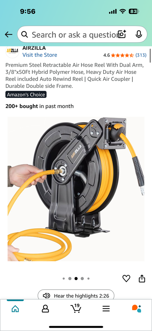 Premium Steel Retractable Air Hose Reel With Dual Arm, 3/8"x50Ft Hybrid Polymer Hose, Auto Rewind Reel, Quick Air Coupler, Durable Double Frame (G817)