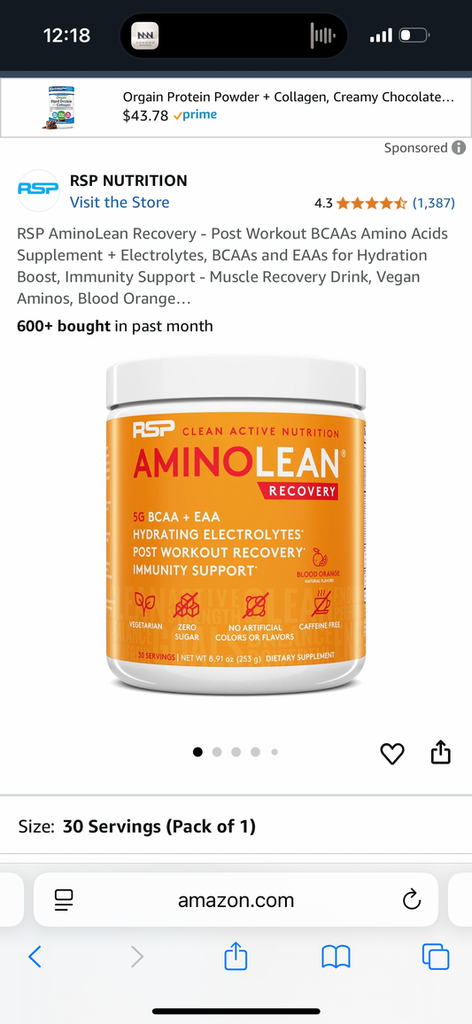 RSP AminoLean Recovery - Post Workout BCAAs Amino Acids Supplement + Electrolytes, BCAAs and EAAs for Hydration Boost, Immunity Support - Muscle Recovery Drink, Vegan Aminos, Blood Orange…