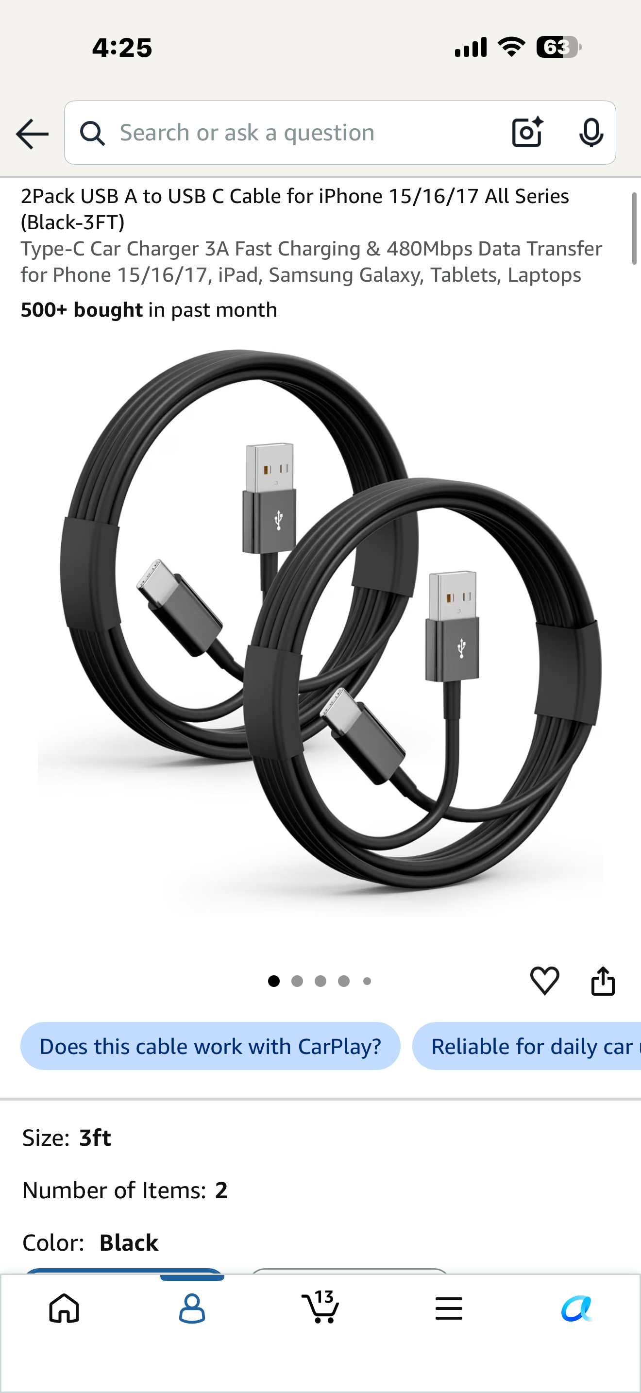 2Pack USB A to USB C Cable for iPhone 15/16/17 All Series (Black/White-3FT)