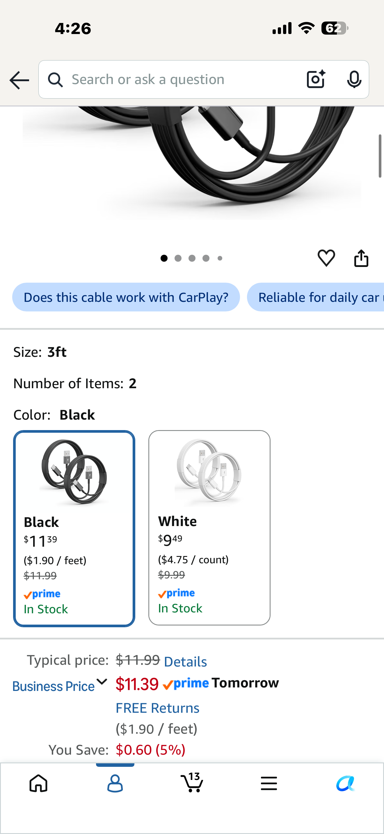 2Pack USB A to USB C Cable for iPhone 15/16/17 All Series (Black/White-3FT)