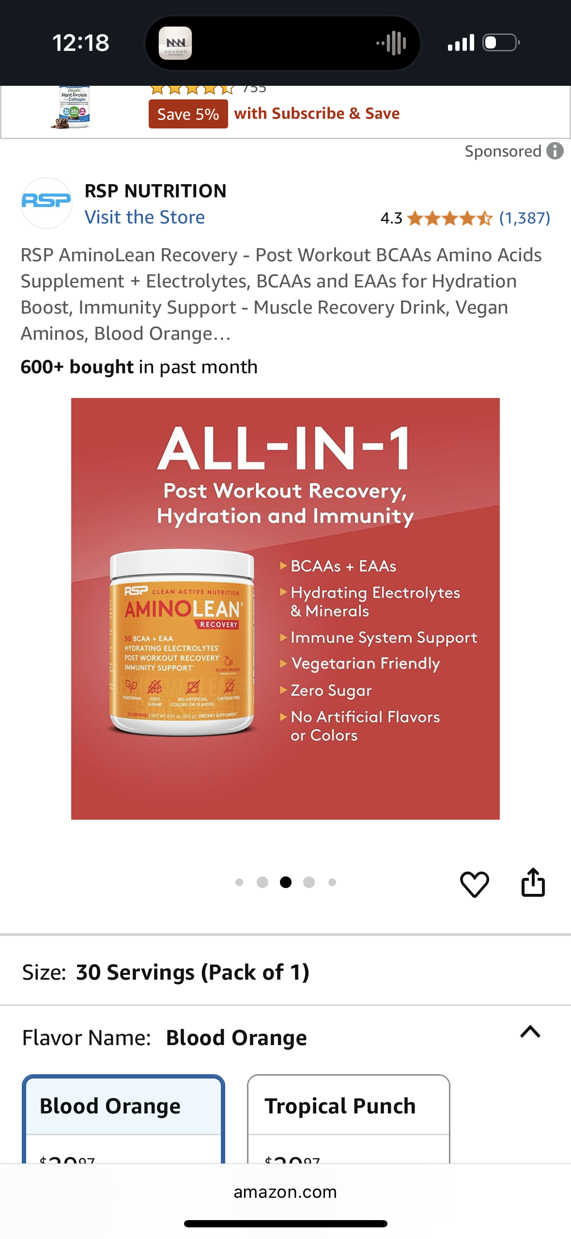 RSP AminoLean Recovery - Post Workout BCAAs Amino Acids Supplement + Electrolytes, BCAAs and EAAs for Hydration Boost, Immunity Support - Muscle Recovery Drink, Vegan Aminos, Blood Orange…