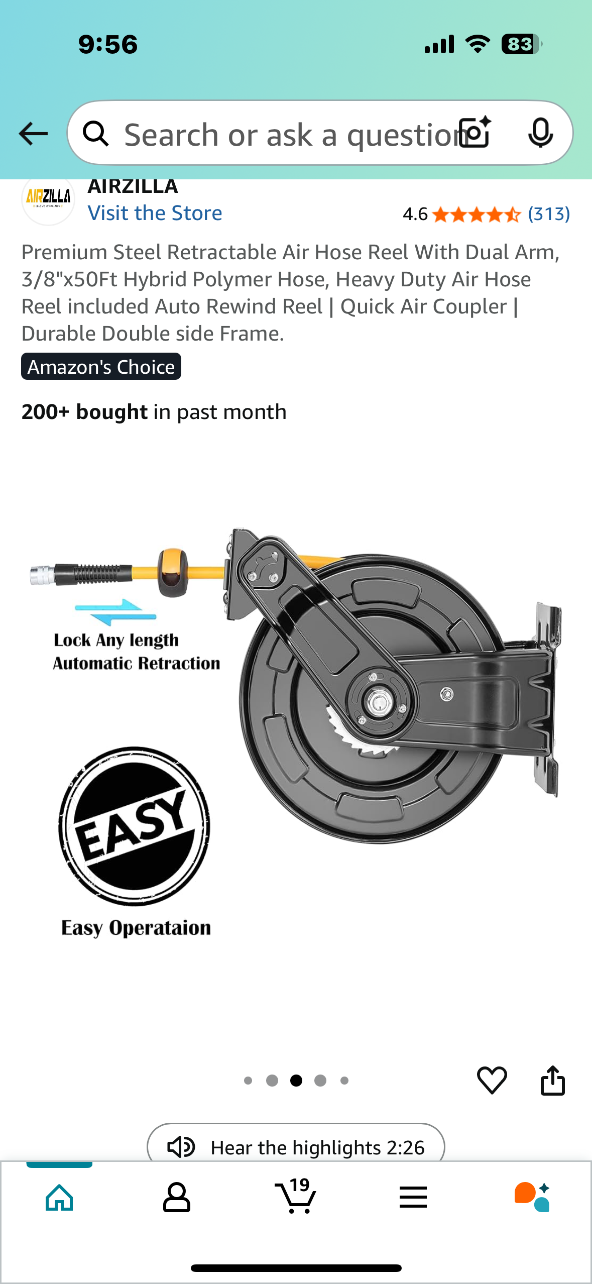 Premium Steel Retractable Air Hose Reel With Dual Arm, 3/8"x50Ft Hybrid Polymer Hose, Auto Rewind Reel, Quick Air Coupler, Durable Double Frame (G817)