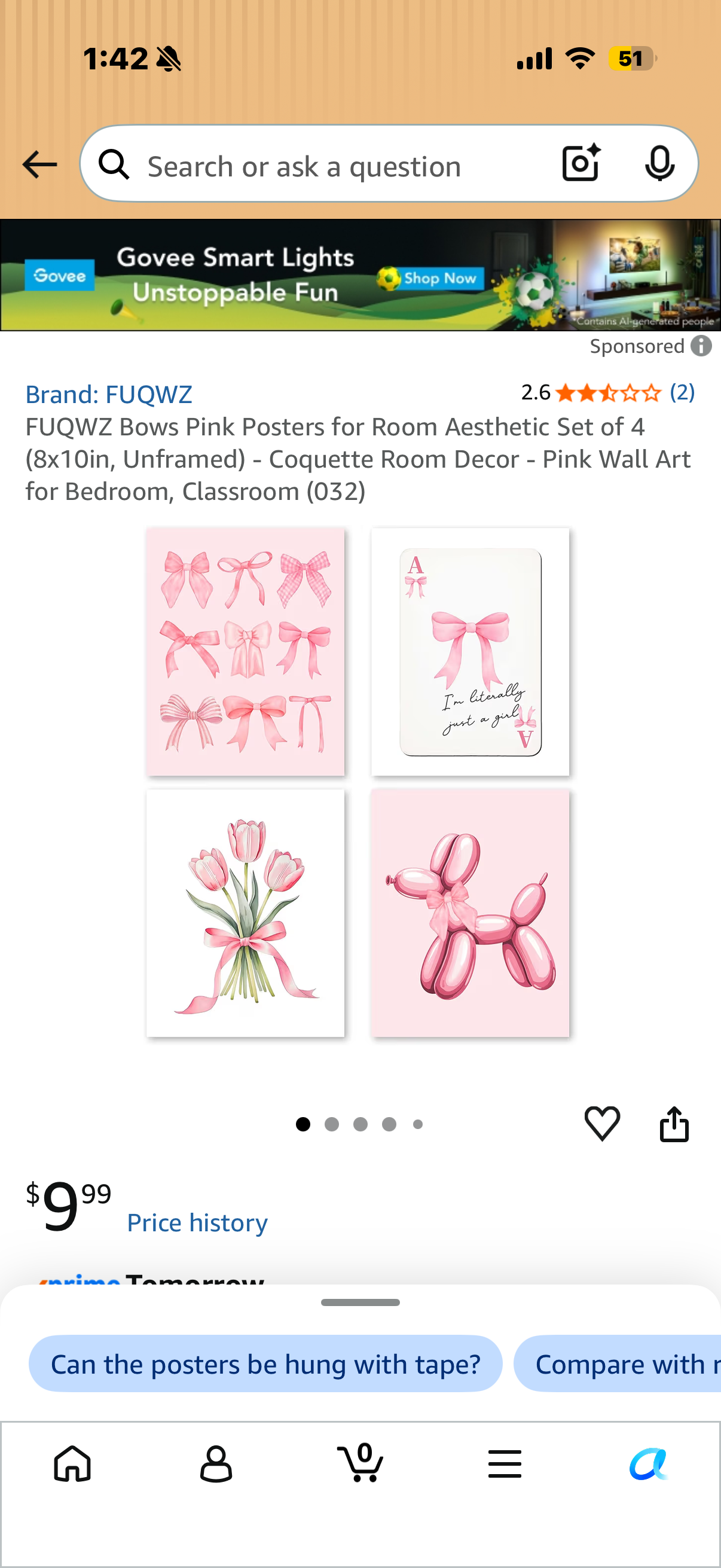 Bows Pink Posters for Room Aesthetic Set of 4 (8x10in, Unframed) - Coquette Room Decor - Pink Wall Art for Bedroom, Classroom (032