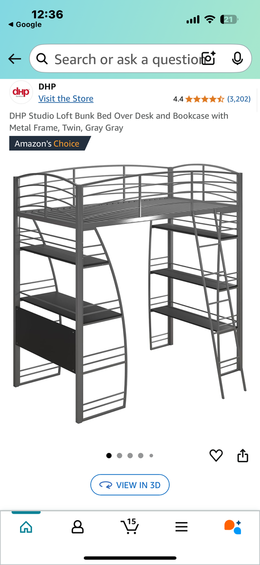 New - DHP Studio Loft Bunk Bed Over Desk and Bookcase with Metal Frame, Twin, Gray Gray (B923)