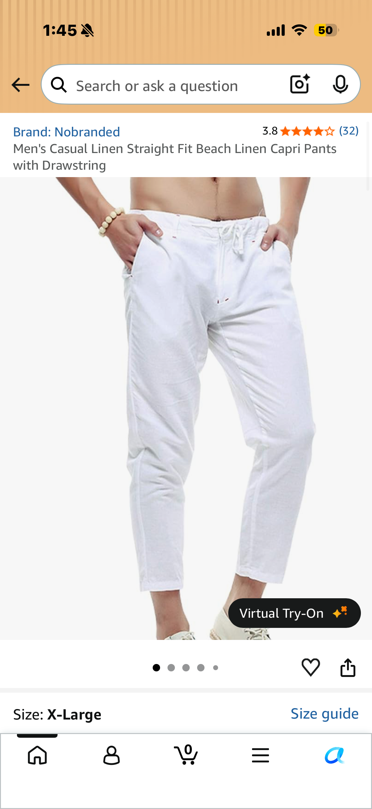 Men's Casual Linen Straight Fit Beach Linen Capri Pants with Drawstring (Size XL)