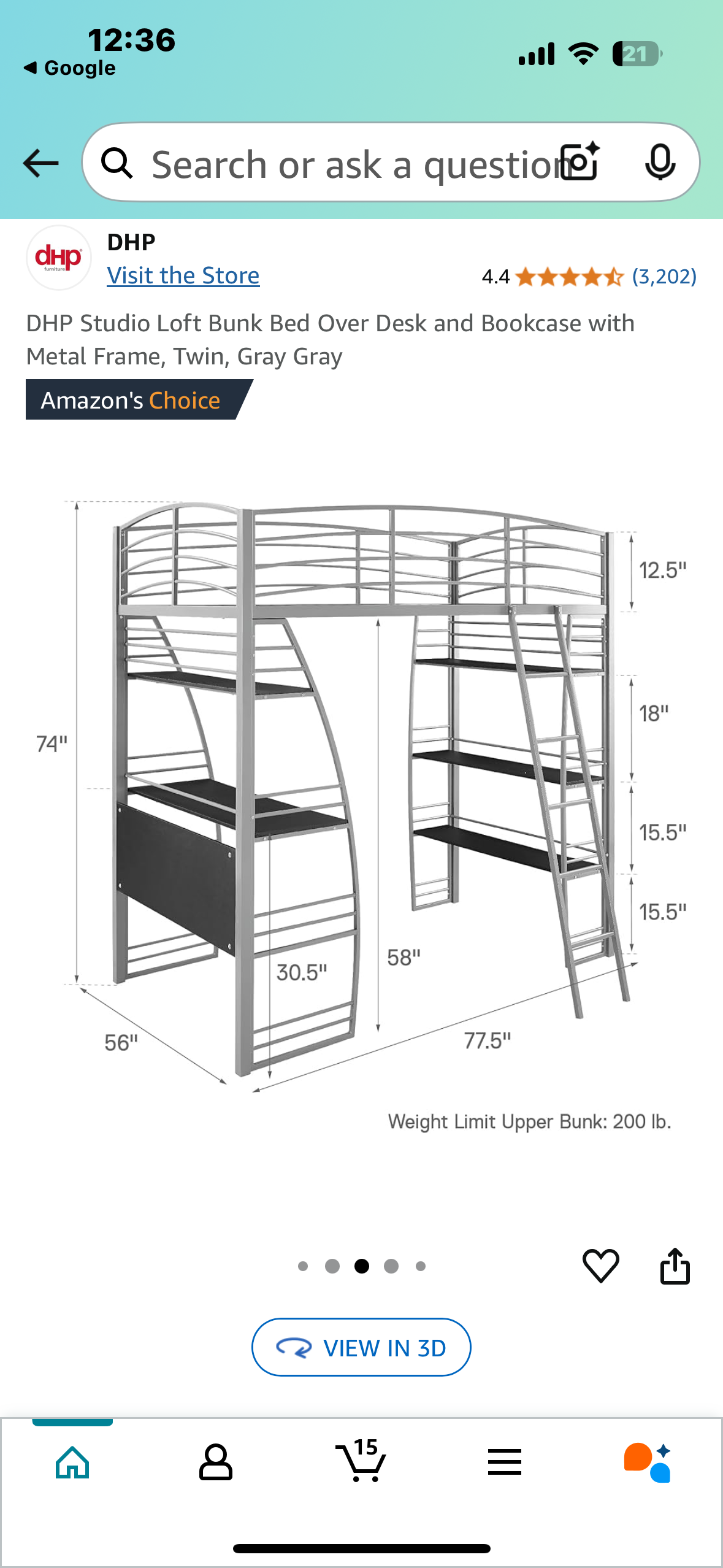 New - DHP Studio Loft Bunk Bed Over Desk and Bookcase with Metal Frame, Twin, Gray Gray (B923)