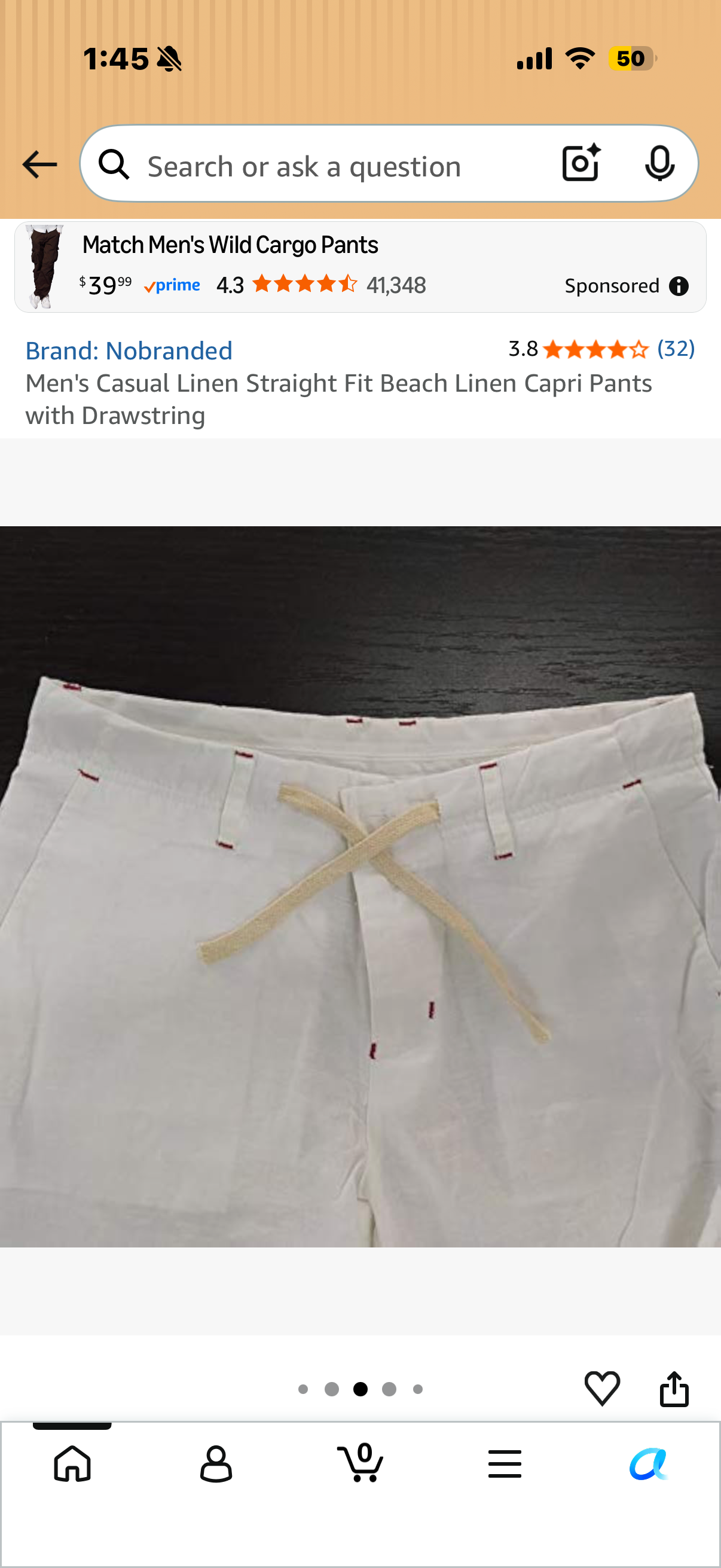Men's Casual Linen Straight Fit Beach Linen Capri Pants with Drawstring (Size XL)