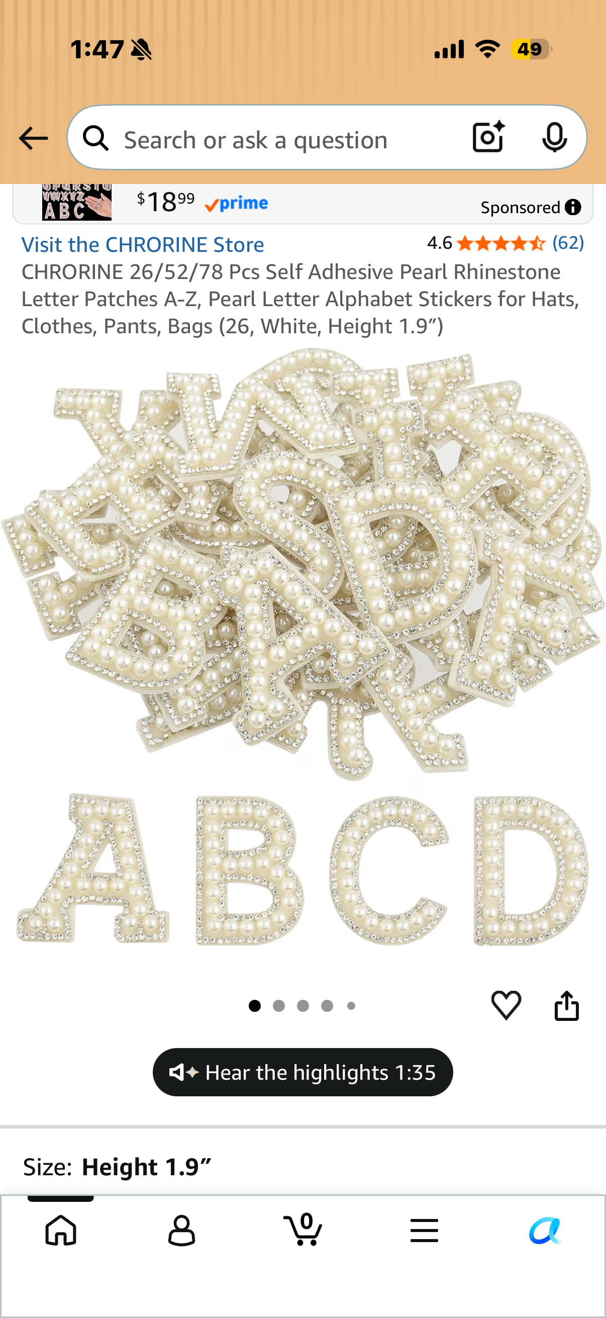 26 Pcs Self Adhesive Pearl Rhinestone Letter Patches A-Z, Pearl Letter Alphabet Stickers for Hats, Clothes, Pants, Bags (26, White, Height 1.9