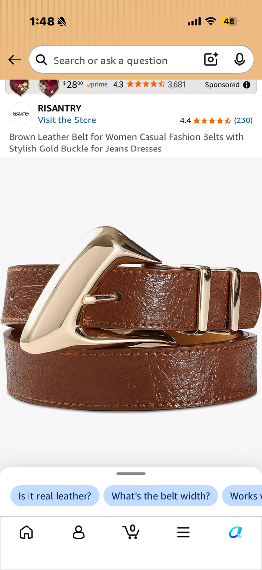 Brown Leather Belt for Women Casual Fashion Belts with Stylish Gold Buckle for Jeans Dresses (Size Small)