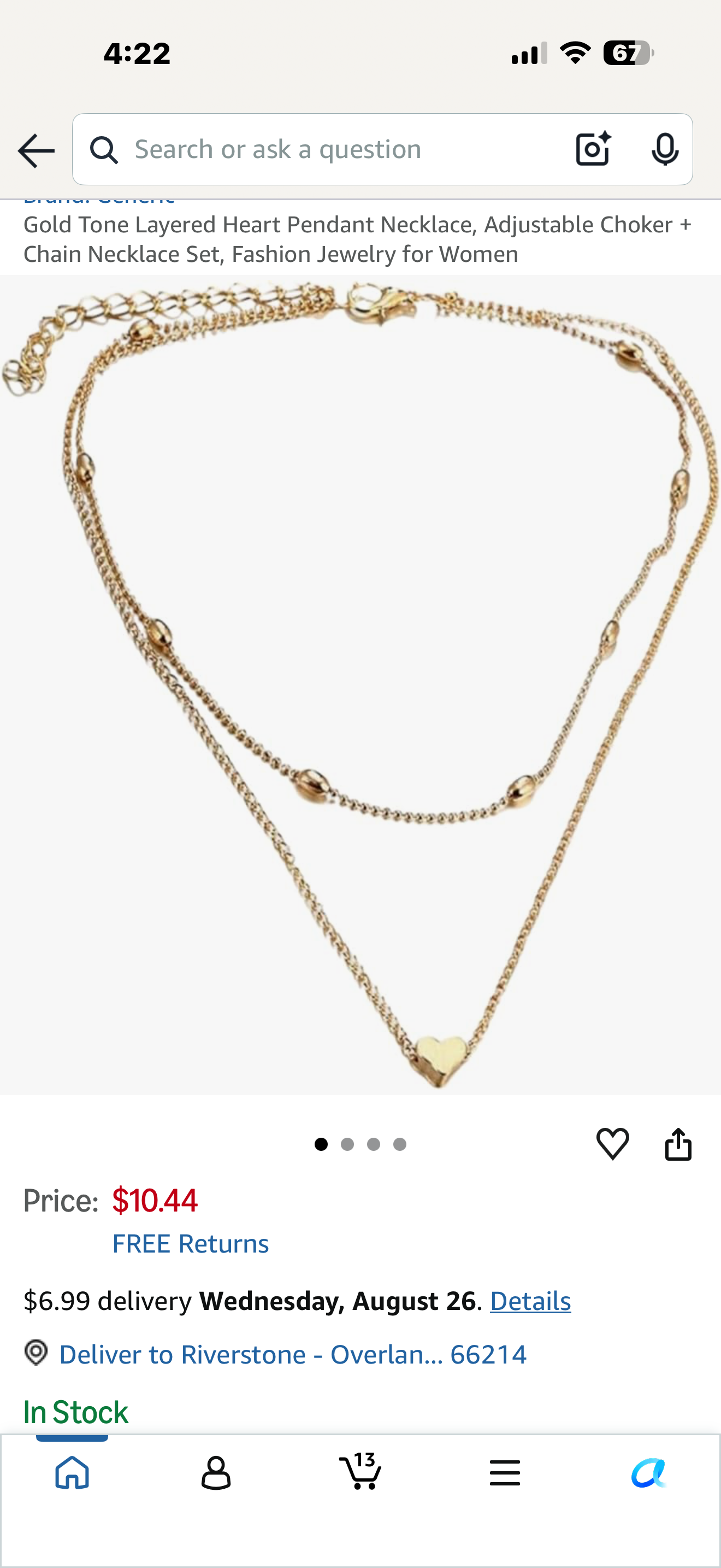 Gold Tone Layered Heart Pendant Necklace, Adjustable Choker + Chain Necklace Set, Fashion Jewelry for Women