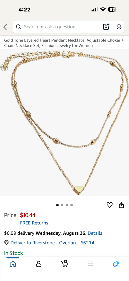 Gold Tone Layered Heart Pendant Necklace, Adjustable Choker + Chain Necklace Set, Fashion Jewelry for Women