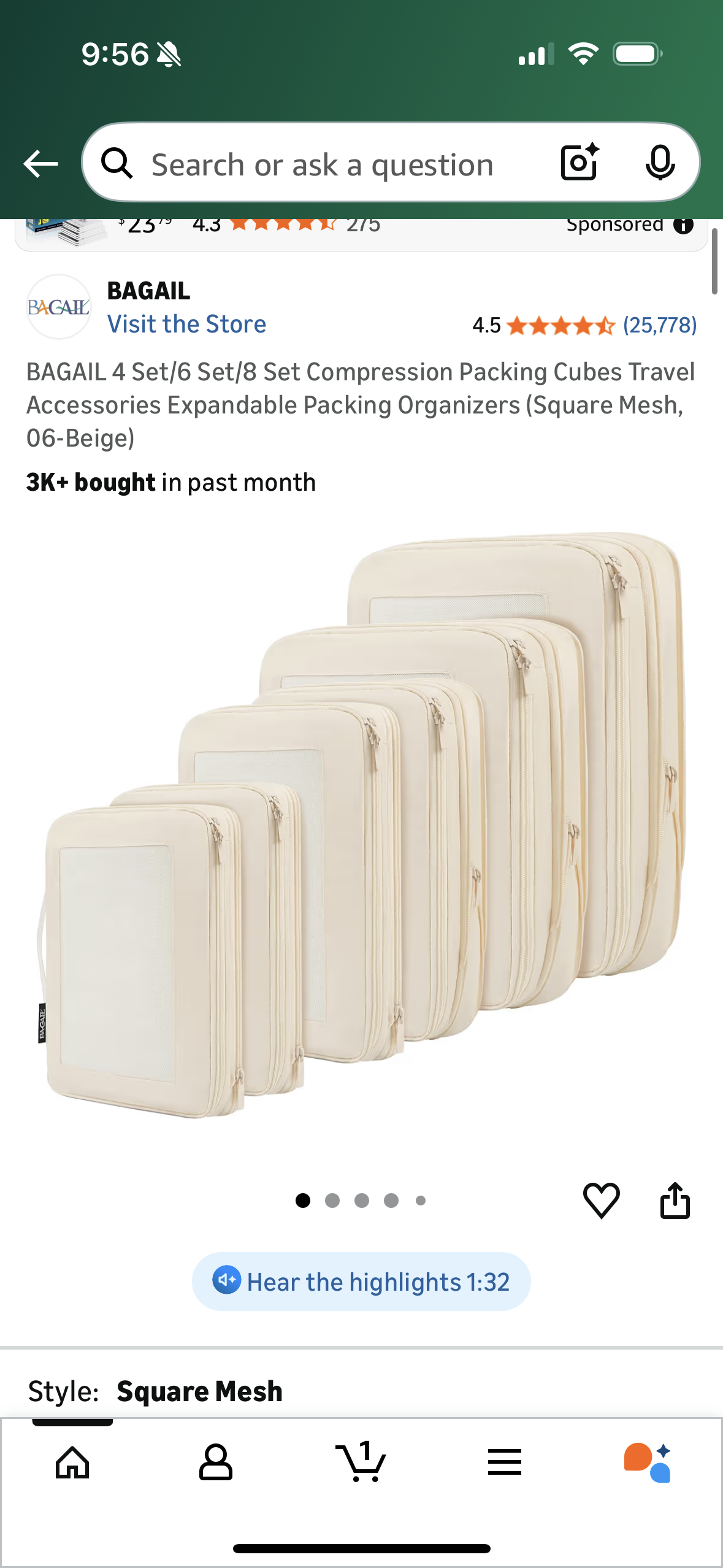 BAGAIL 4 Set/6 Set/8 Set Compression Packing Cubes Travel Accessories Expandable Packing Organizers (Square Mesh, 06-Beige)