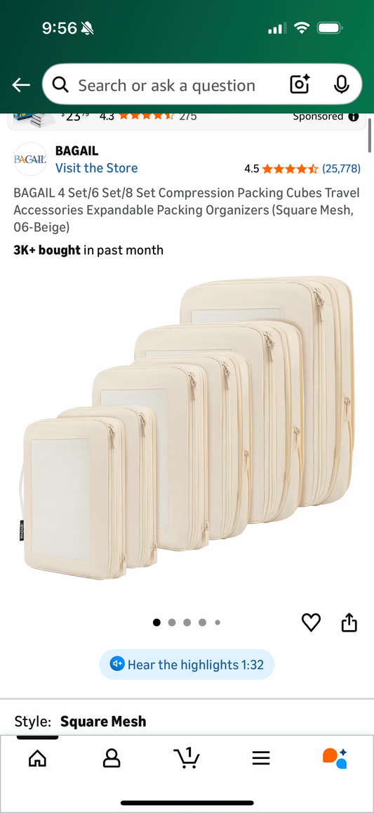 BAGAIL 4 Set/6 Set/8 Set Compression Packing Cubes Travel Accessories Expandable Packing Organizers (Square Mesh, 06-Beige)