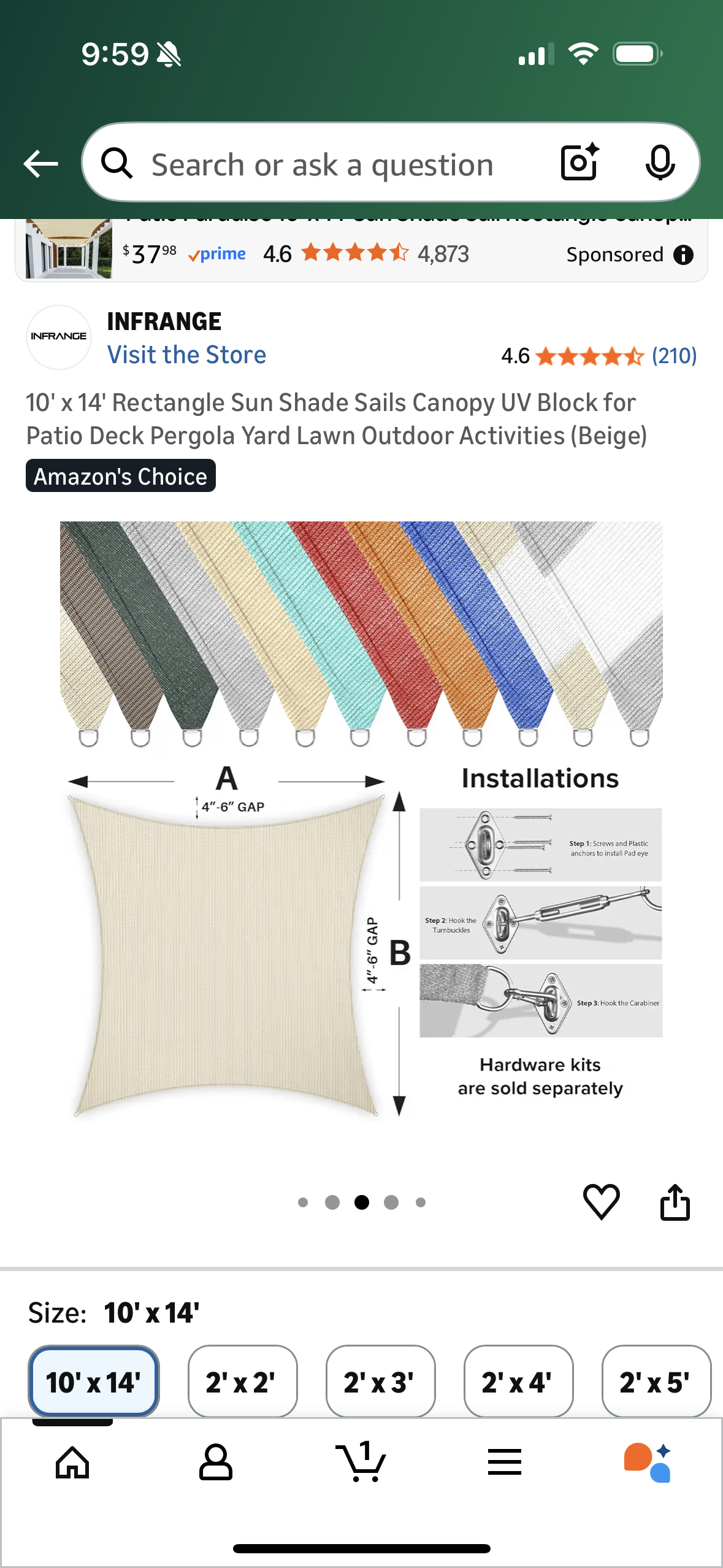 10' x 14' Rectangle Sun Shade Sails Canopy UV Block for Patio Deck Pergola Yard Lawn Outdoor Activities (Beige)