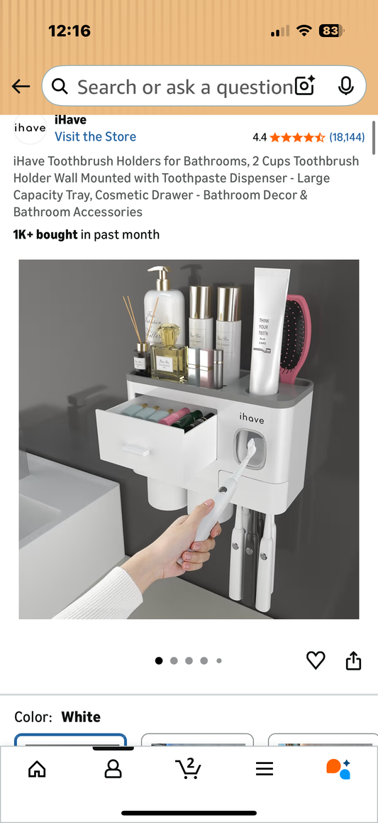 iHave Toothbrush Holders for Bathrooms, 2 Cups Toothbrush Holder Wall Mounted with Toothpaste Dispenser - Large Capacity Tray, Cosmetic Drawer - Bathroom Decor & Bathroom Accessories