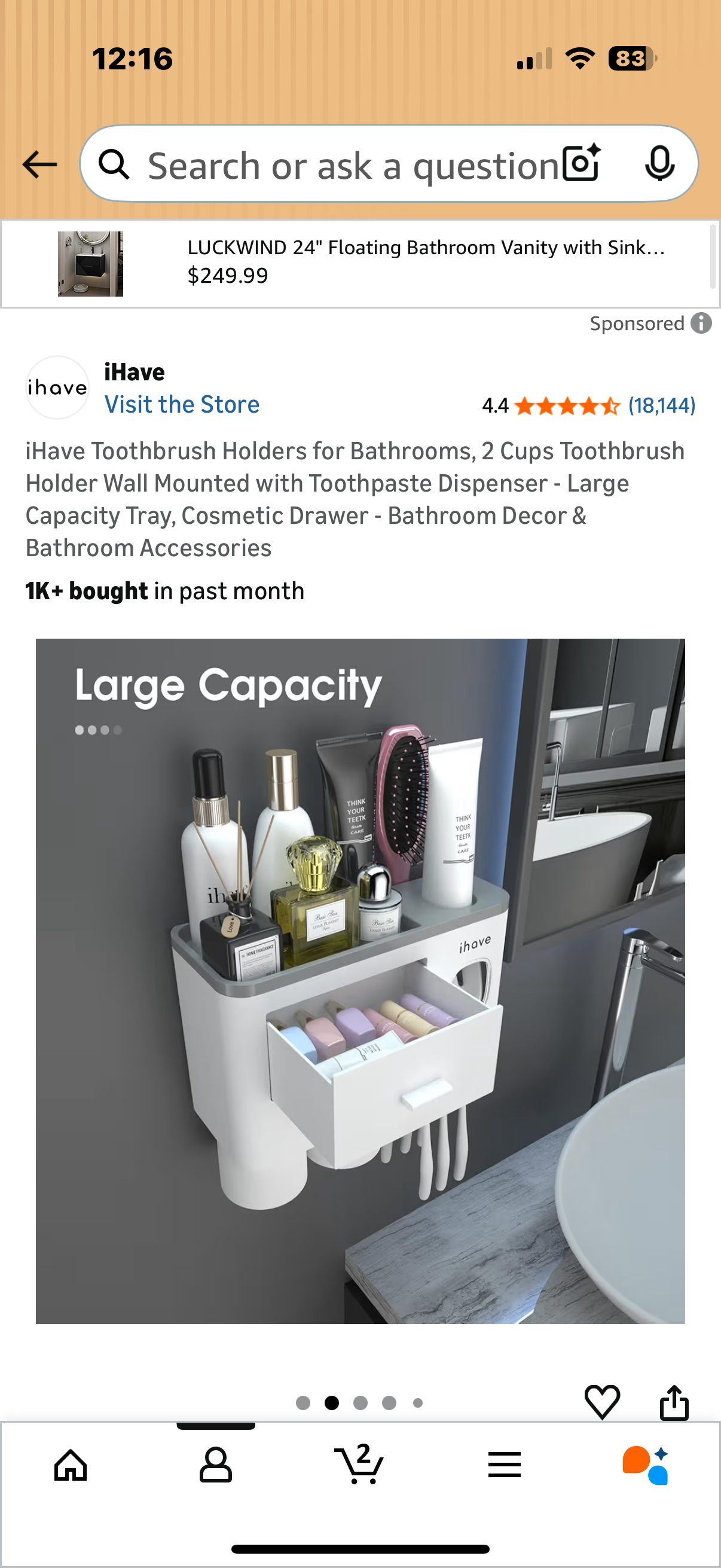 iHave Toothbrush Holders for Bathrooms, 2 Cups Toothbrush Holder Wall Mounted with Toothpaste Dispenser - Large Capacity Tray, Cosmetic Drawer - Bathroom Decor & Bathroom Accessories