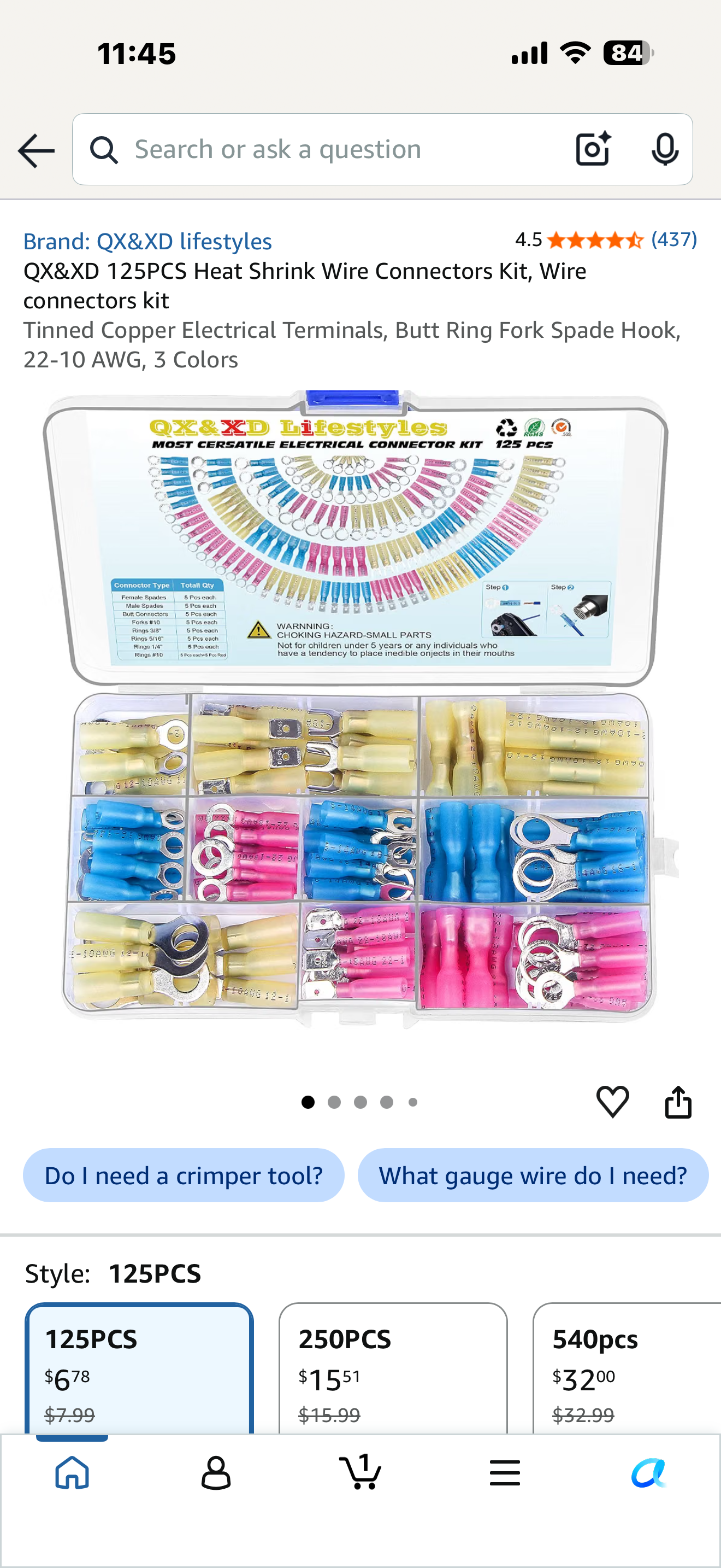 QX&XD 125PCS Heat Shrink Wire Connectors Kit, Wire connectors kit Tinned Copper Electrical Terminals, Butt Ring Fork Spade Hook, 22-10 AWG, 3 Colors