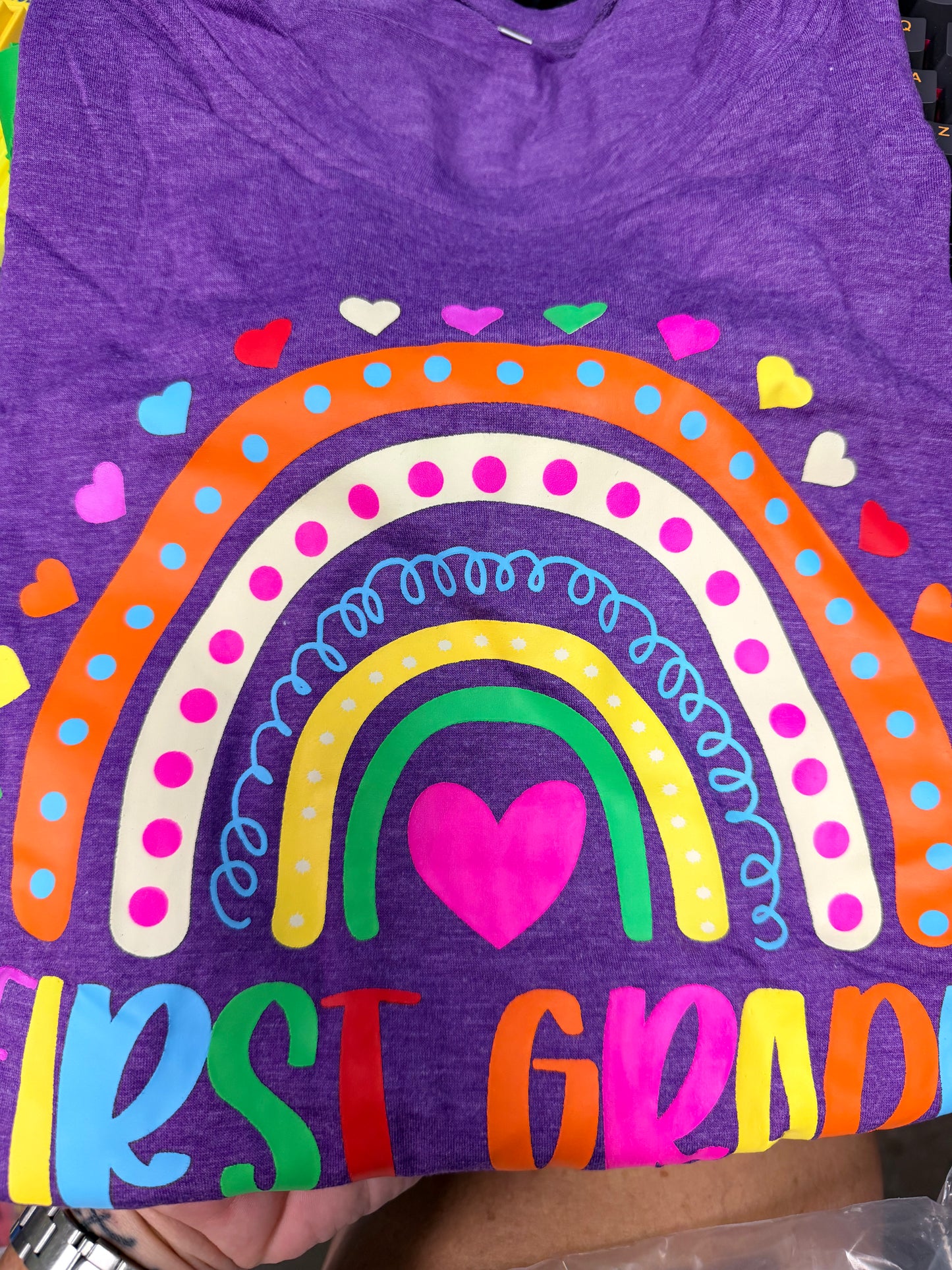 First Grade Rainbow Hearts Back to School Student Teacher T-Shirt (Size 2XL)