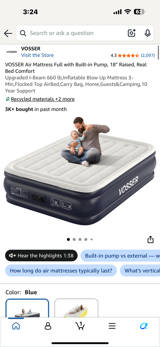 VOSSER Air Mattress Full with Built-in Pump, 18" Raised, Real Bed Comfort