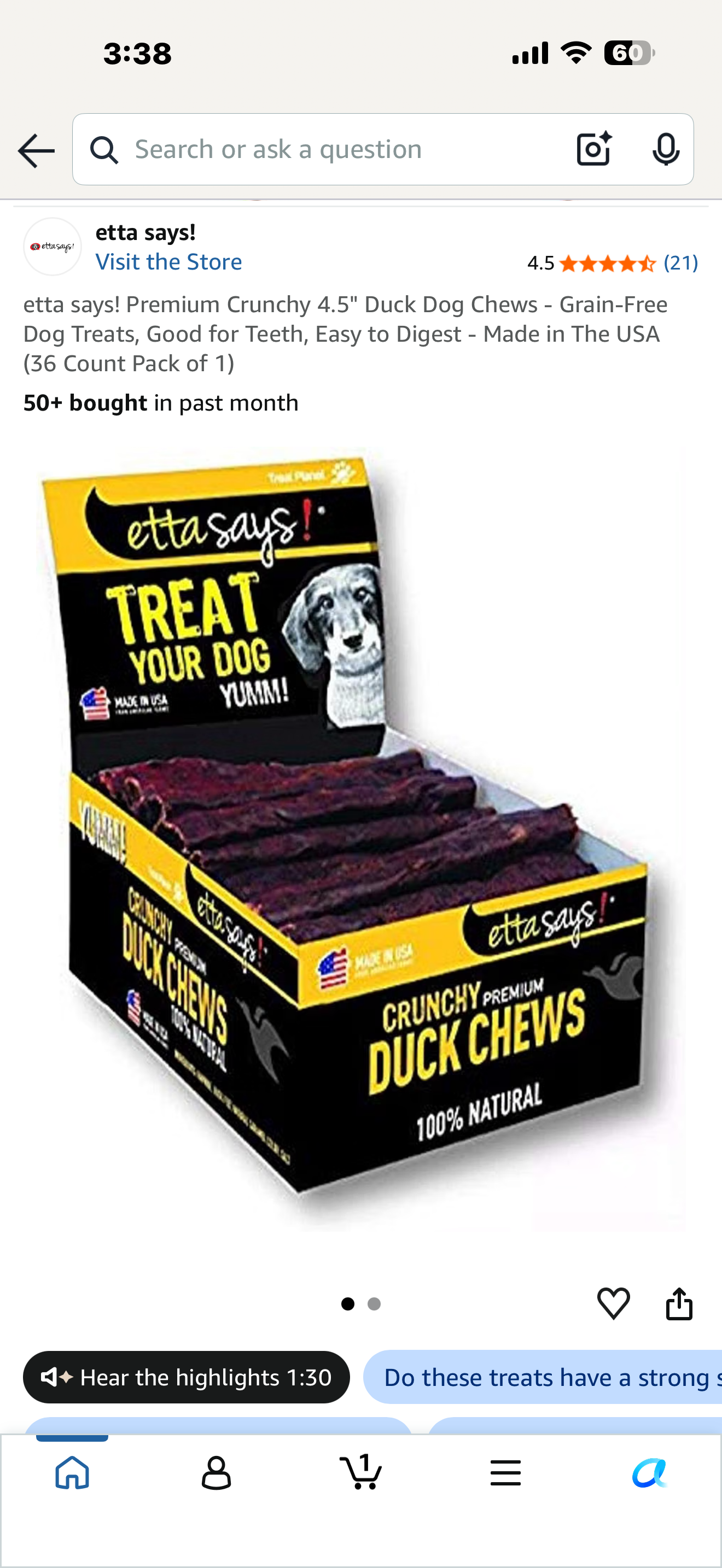 etta says! Premium Crunchy 4.5" Duck Dog Chews - Grain-Free Dog Treats, Good for Teeth, Easy to Digest - Made in The USA (36 Count Pack of 1)
