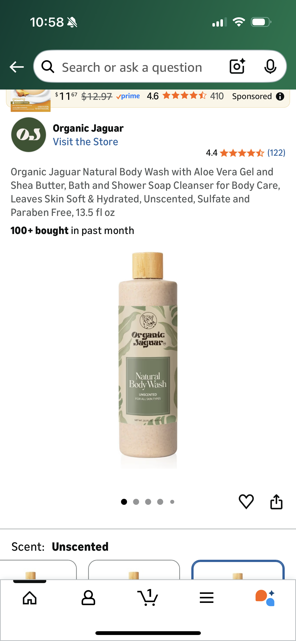 Organic Jaguar Natural Body Wash with Aloe Vera Gel and Shea Butter, Bath and Shower Soap Cleanser for Body Care, Leaves Skin Soft & Hydrated, Unscented, Sulfate and Paraben Free, 13.5 fl oz