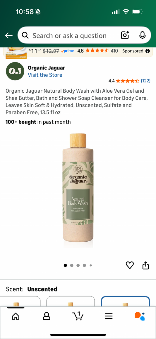 Organic Jaguar Natural Body Wash with Aloe Vera Gel and Shea Butter, Bath and Shower Soap Cleanser for Body Care, Leaves Skin Soft & Hydrated, Unscented, Sulfate and Paraben Free, 13.5 fl oz