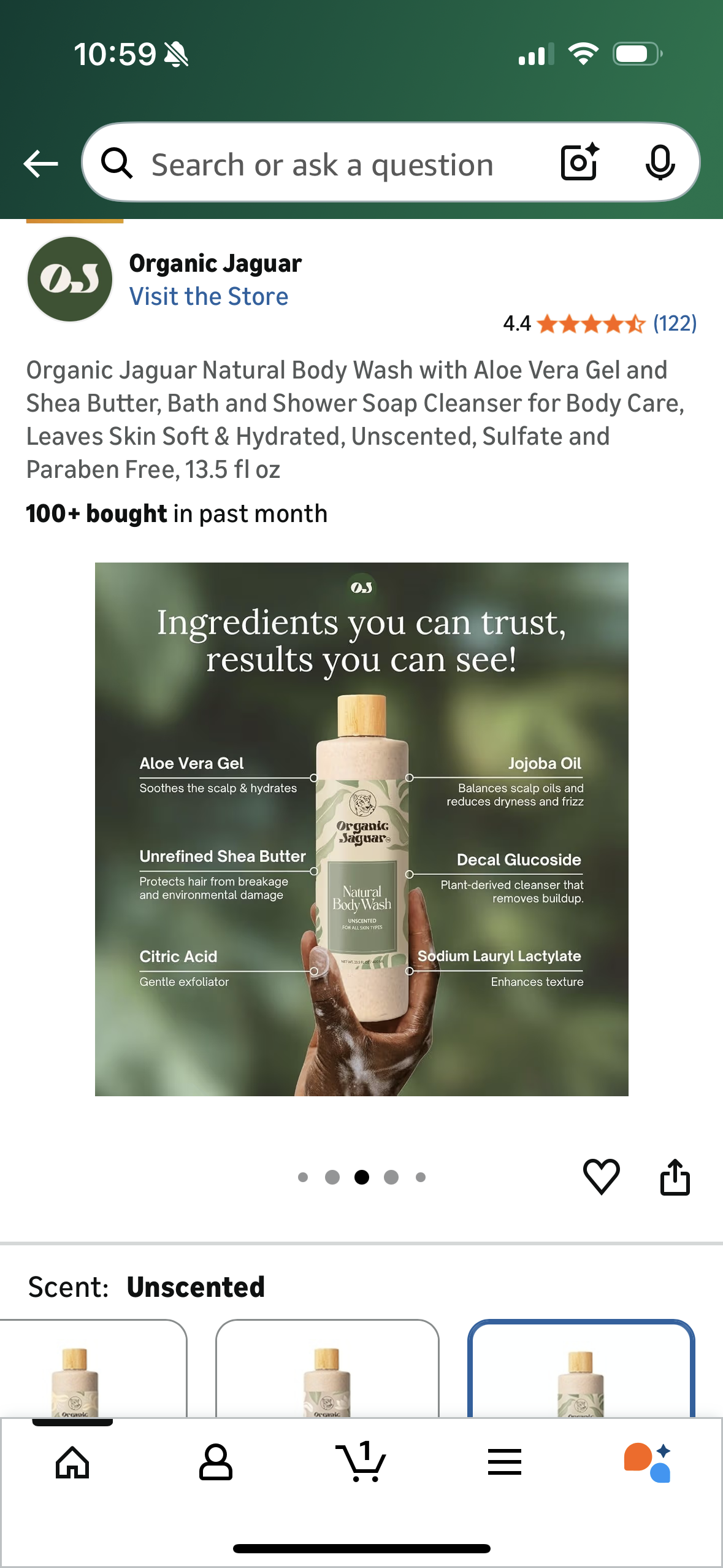 Organic Jaguar Natural Body Wash with Aloe Vera Gel and Shea Butter, Bath and Shower Soap Cleanser for Body Care, Leaves Skin Soft & Hydrated, Unscented, Sulfate and Paraben Free, 13.5 fl oz