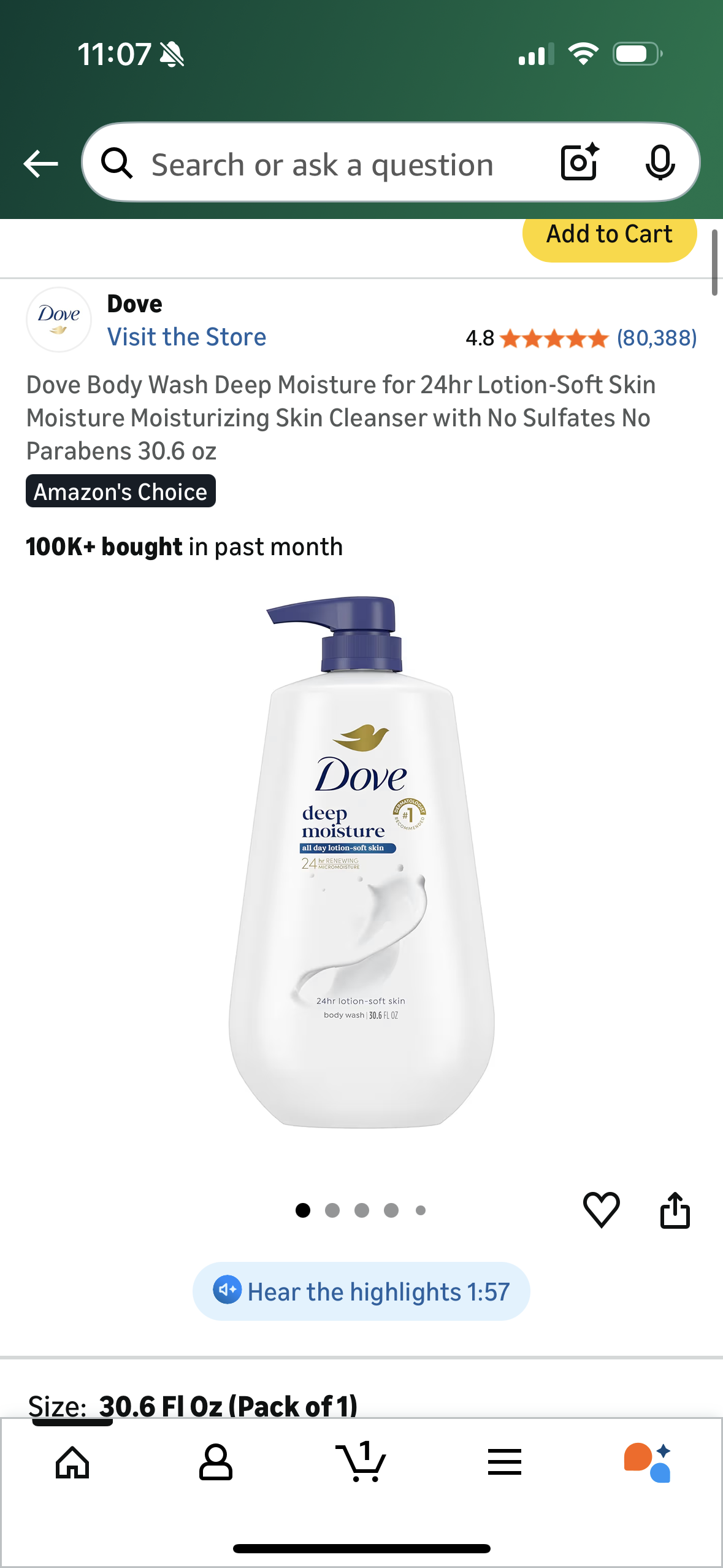 Dove Body Wash Deep Moisture for 24hr Lotion-Soft Skin Moisture Moisturizing Skin Cleanser with No Sulfates No Parabens 30.6 oz