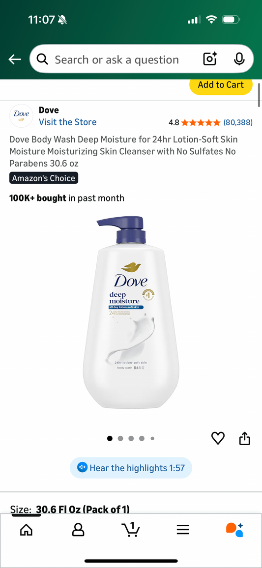 Dove Body Wash Deep Moisture for 24hr Lotion-Soft Skin Moisture Moisturizing Skin Cleanser with No Sulfates No Parabens 30.6 oz