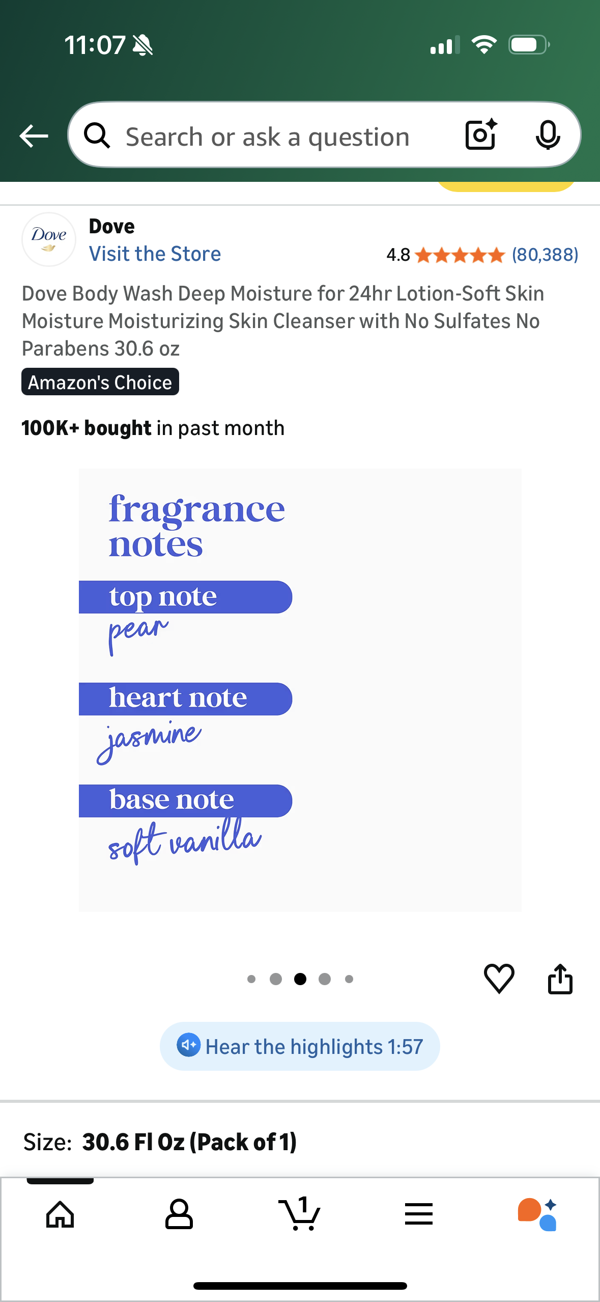 Dove Body Wash Deep Moisture for 24hr Lotion-Soft Skin Moisture Moisturizing Skin Cleanser with No Sulfates No Parabens 30.6 oz